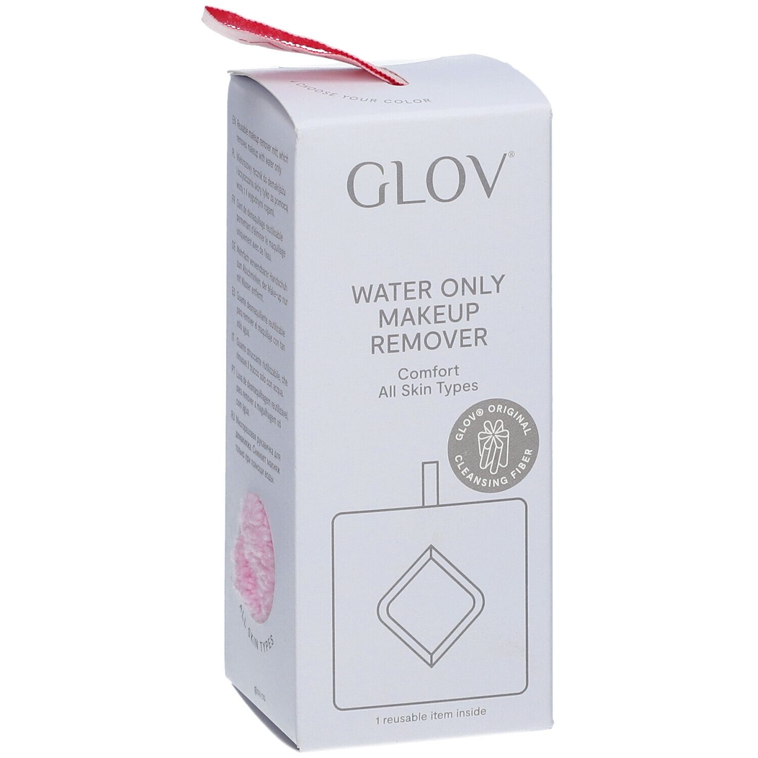 Emballage blanc avec logo GLOV et nom du produit. Demaquillant rose partiellement visible.