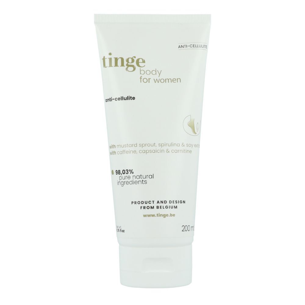 Weiße Tube mit Produktbeschriftung. Text: tinge body for women, anti-cellulite, 98,03% natürliche Inhaltsstoffe. 200ml.