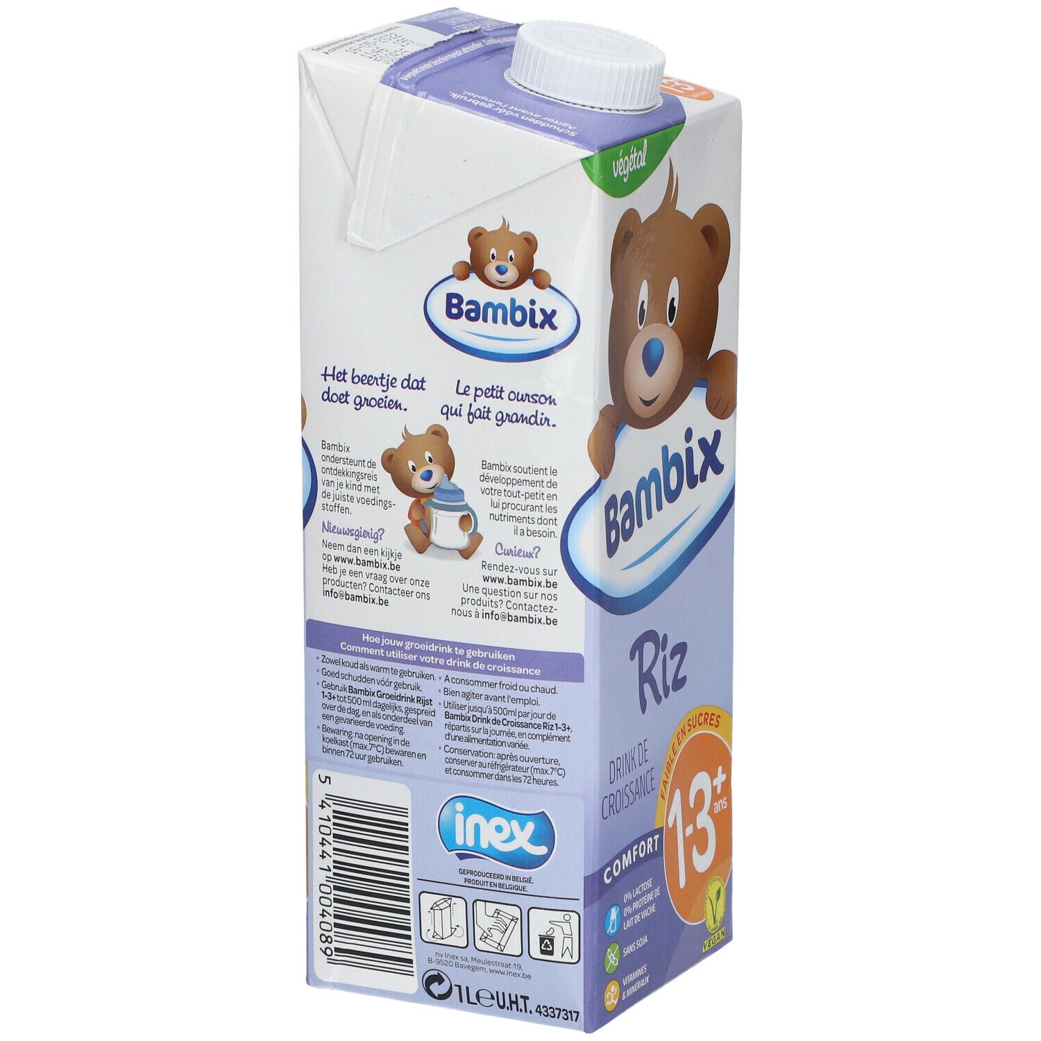 Dos de la brique Bambix Riz Drink. Texte en allemand, français et néerlandais. Illustration d'ours.