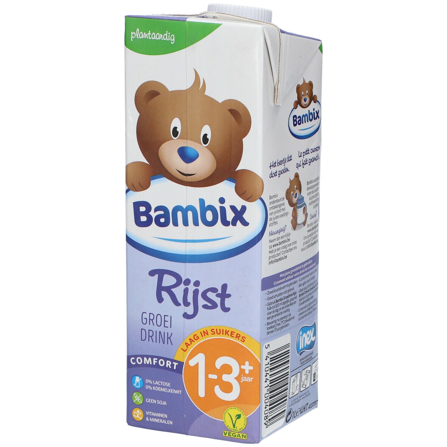 Brique de Bambix Rijst Drink. Inscription: 1-3+ ans, Comfort, vegan. Illustration d'ours.