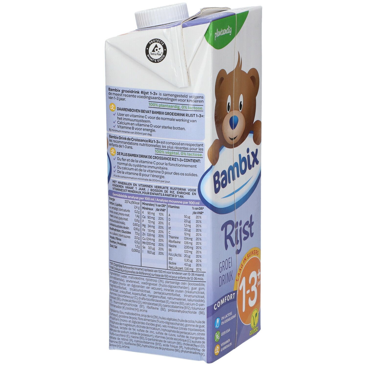 Dos de la brique Bambix Rijst Drink. Texte en allemand, français et néerlandais. Illustration d'ours.