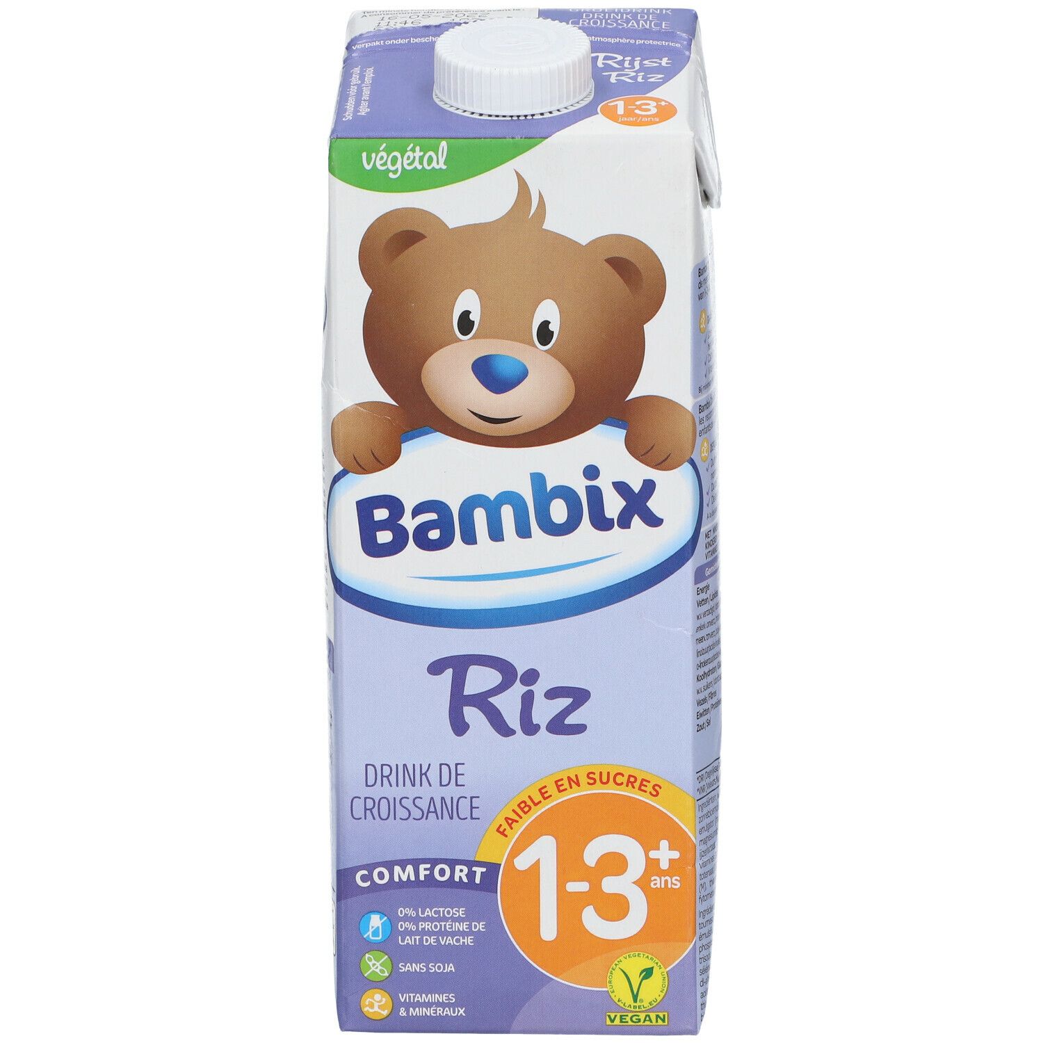 Brique de Bambix Riz Drink. Inscription: 1-3+ ans, Comfort, vegan. Illustration d'ours.