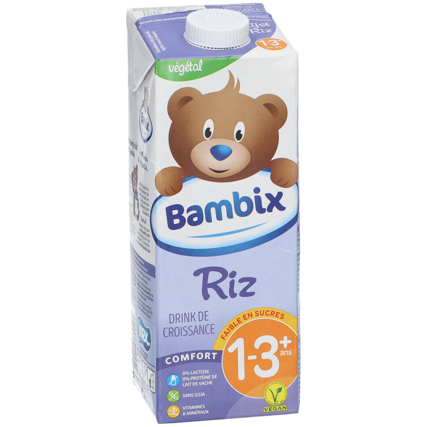 Brique de Bambix Riz Drink. Inscription: 1-3+ ans, Comfort, vegan. Illustration d'ours.
