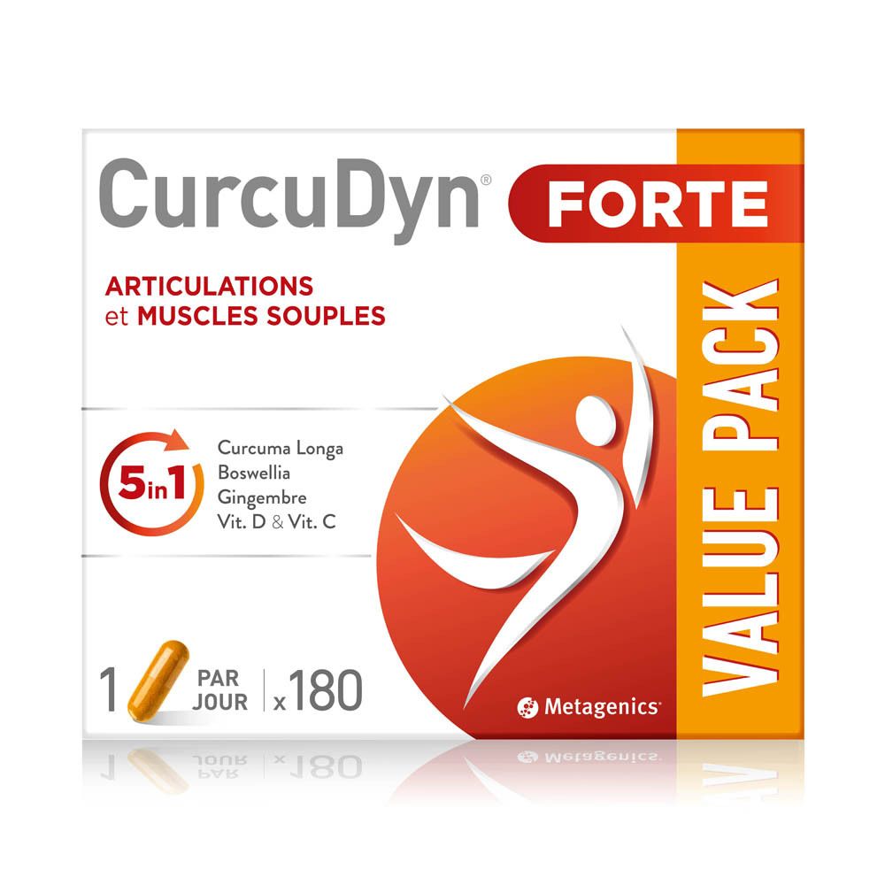 Boîte de CurcuDyn Forte. Inscription : 5 en 1, Value Pack. Contient 180 gélules.