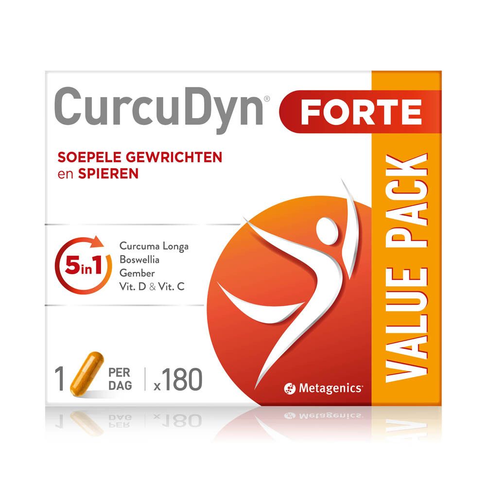 Verpakking van CurcuDyn Forte. Opschrift: 5 in 1, Value Pack. Bevat 180 capsules.