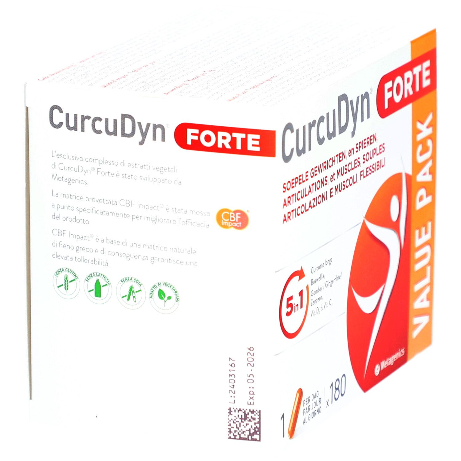 Verpakking van CurcuDyn Forte. Opschrift: Forte, CBF Impact. Bevat 180 capsules.
