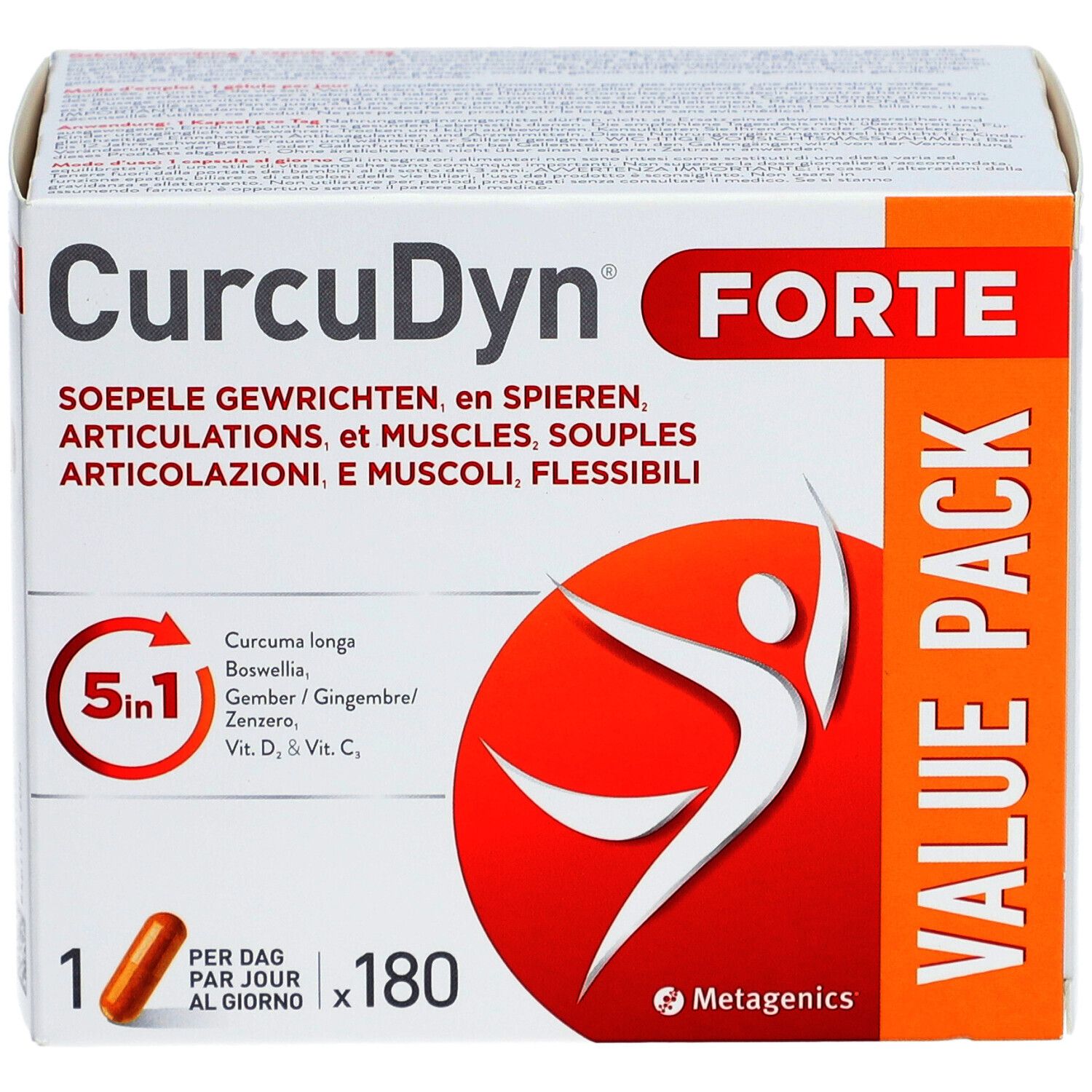 Verpakking van CurcuDyn Forte. Bevat 180 capsules. Opschrift: 5 in 1, Value Pack.