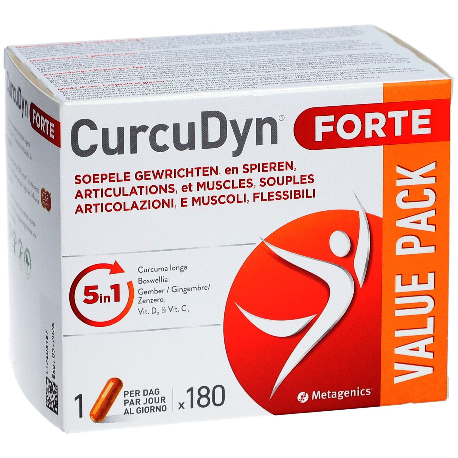 Verpakking van CurcuDyn Forte. Bevat 180 capsules. Opschrift: 5 in 1, Value Pack.