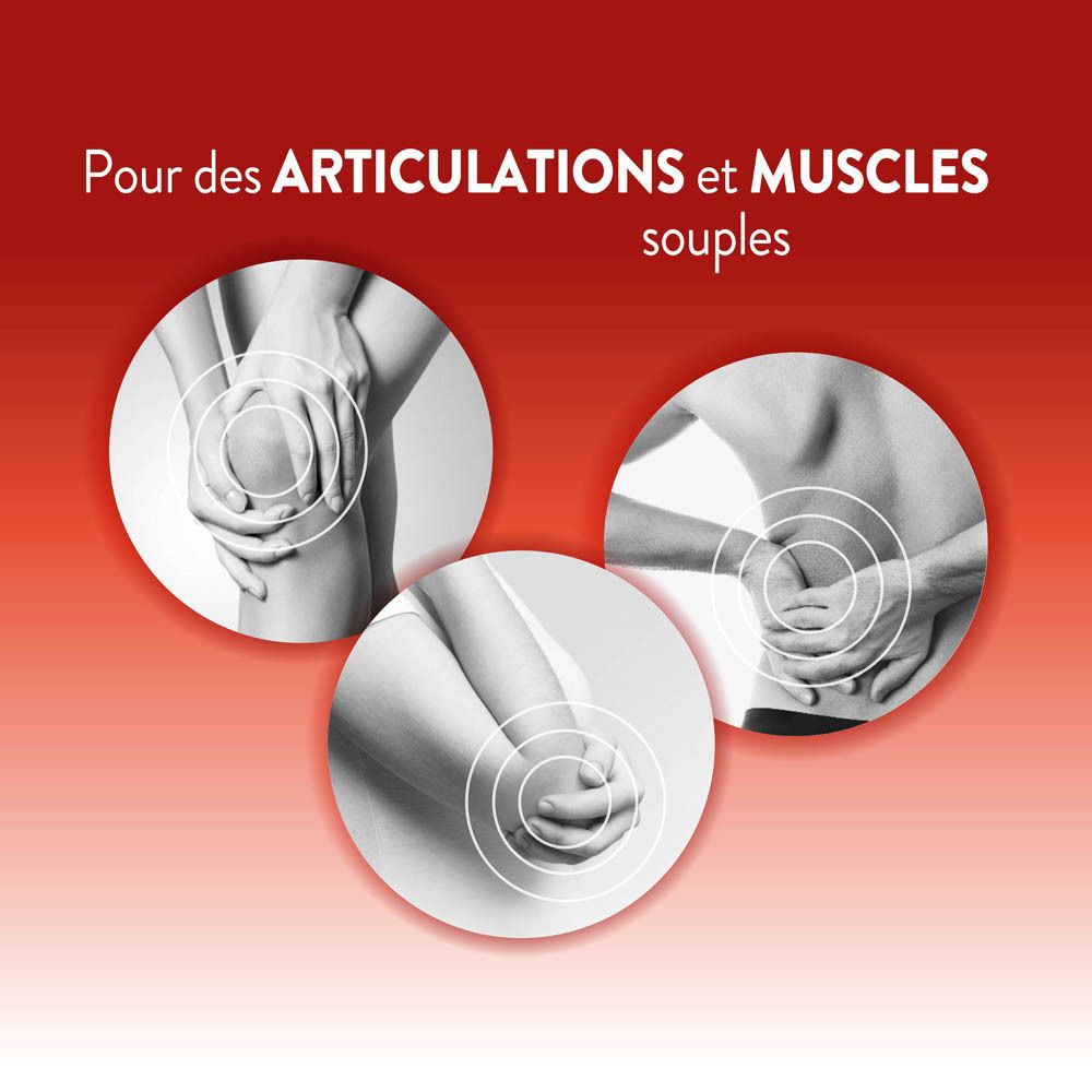 Graphique avec des cercles représentant les genoux, les hanches et les poignets. Texte : Pour des articulations et des muscles souples.