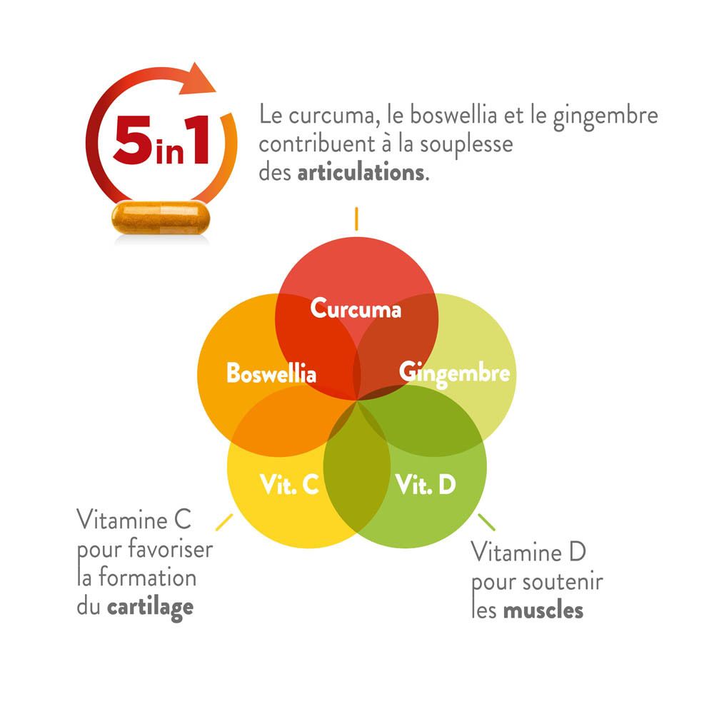 Graphique avec ingrédients : Curcuma, Boswellia, Gingembre, Vitamine C et D. Texte : 5 en 1.