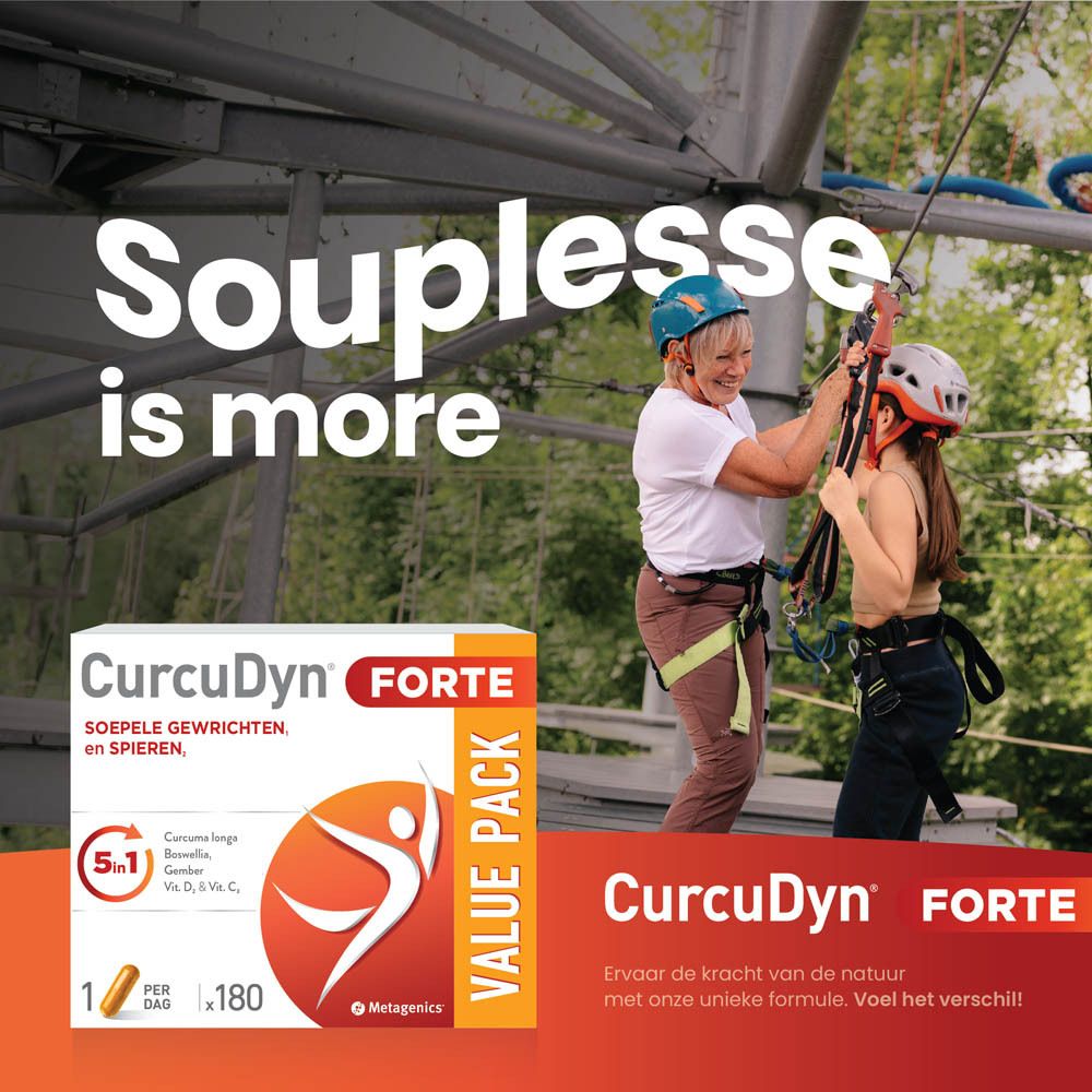 Vrouwen aan het klimmen. Productverpakking van CurcuDyn Forte. Tekst: Souplesse is more.