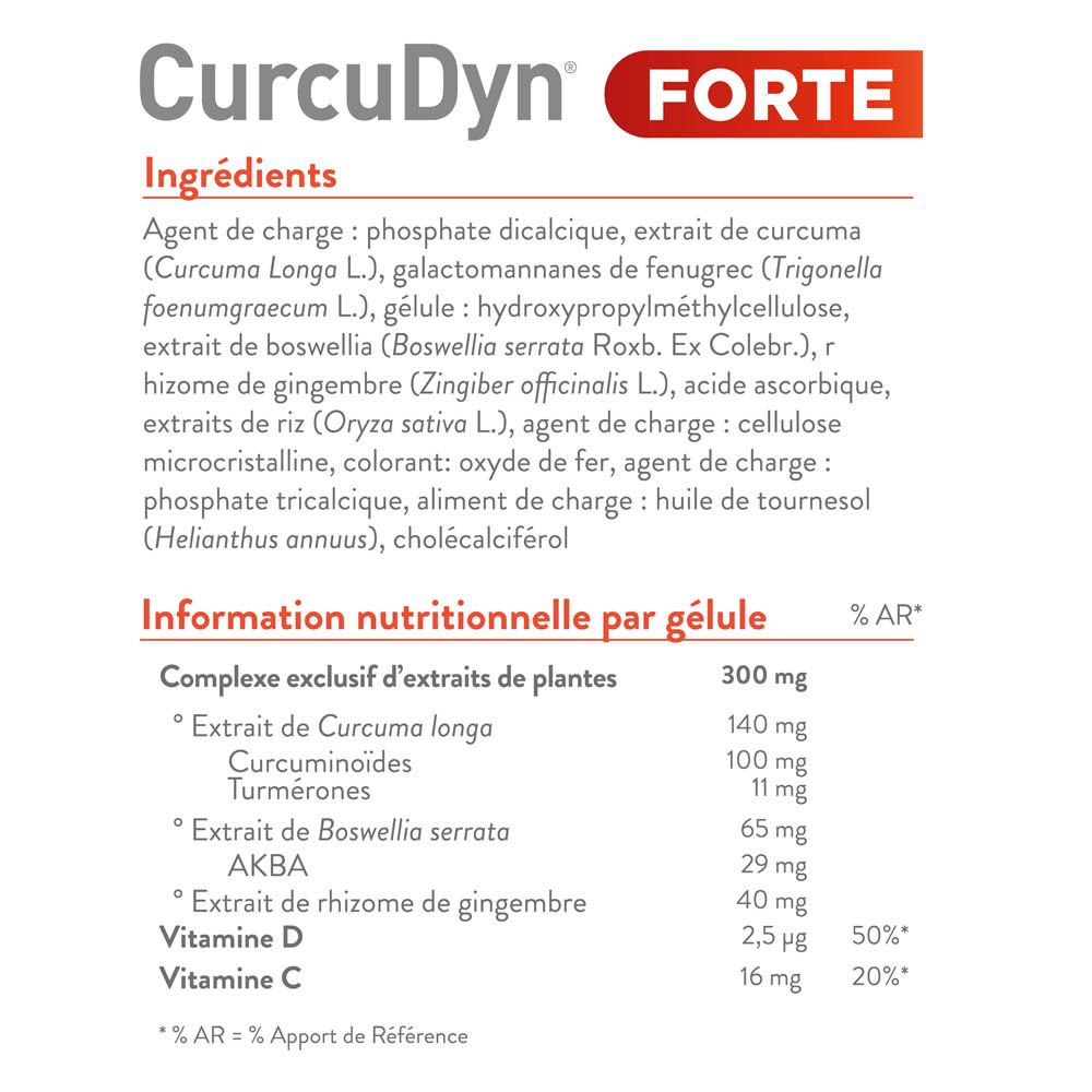 Liste des ingrédients et informations nutritionnelles de CurcuDyn Forte.