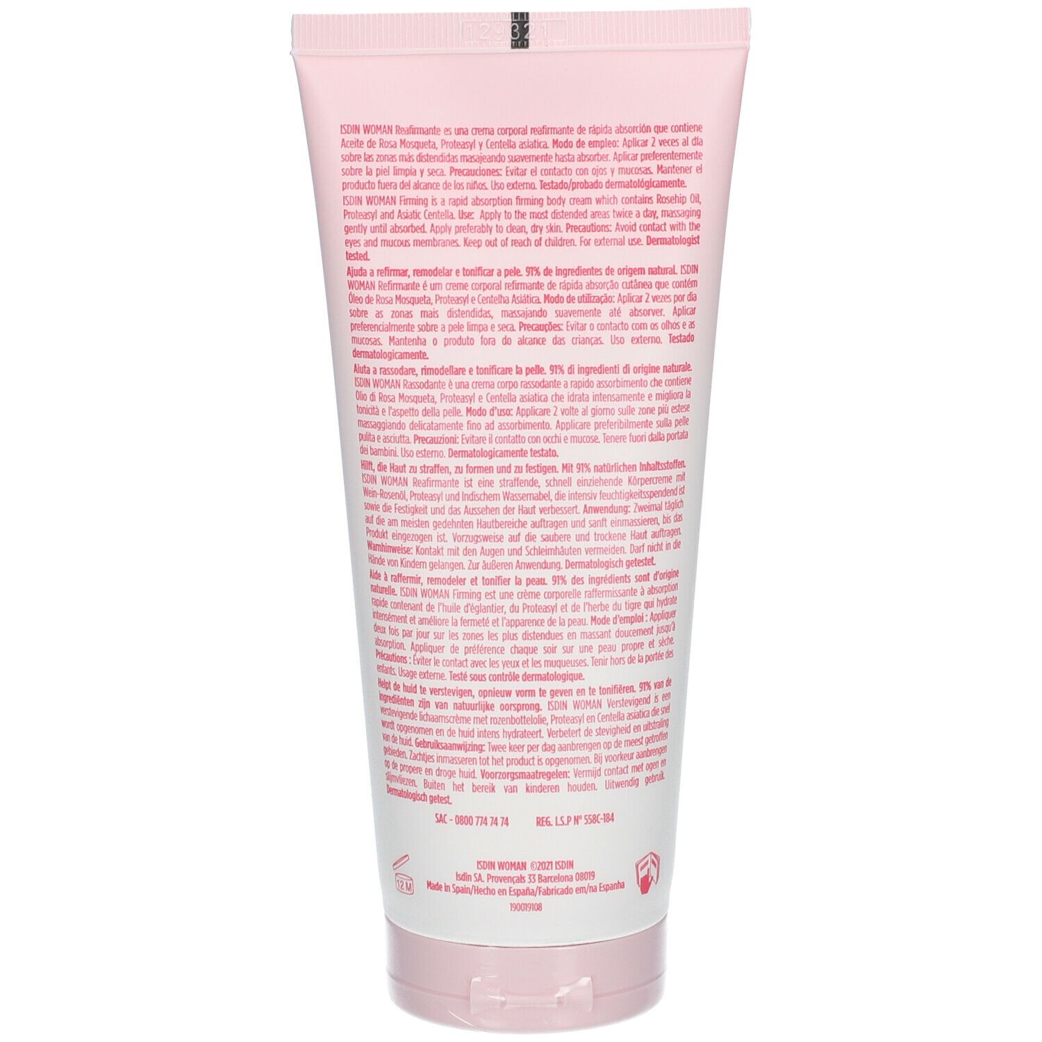 Dos d'un tube rose avec texte. Contient des informations sur le produit en plusieurs langues.