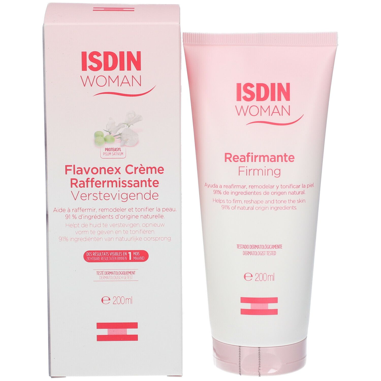 Emballage du produit avec tube et boîte. Marque ISDIN Woman. Nom du produit: Flavonex Crème Raffermissante. 200ml.