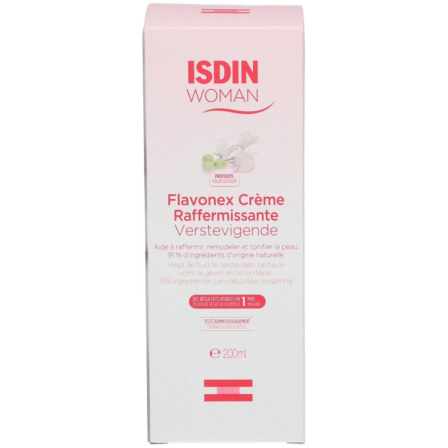 Boîte du produit. Marque ISDIN Woman. Nom du produit: Flavonex Crème Raffermissante. 200ml.