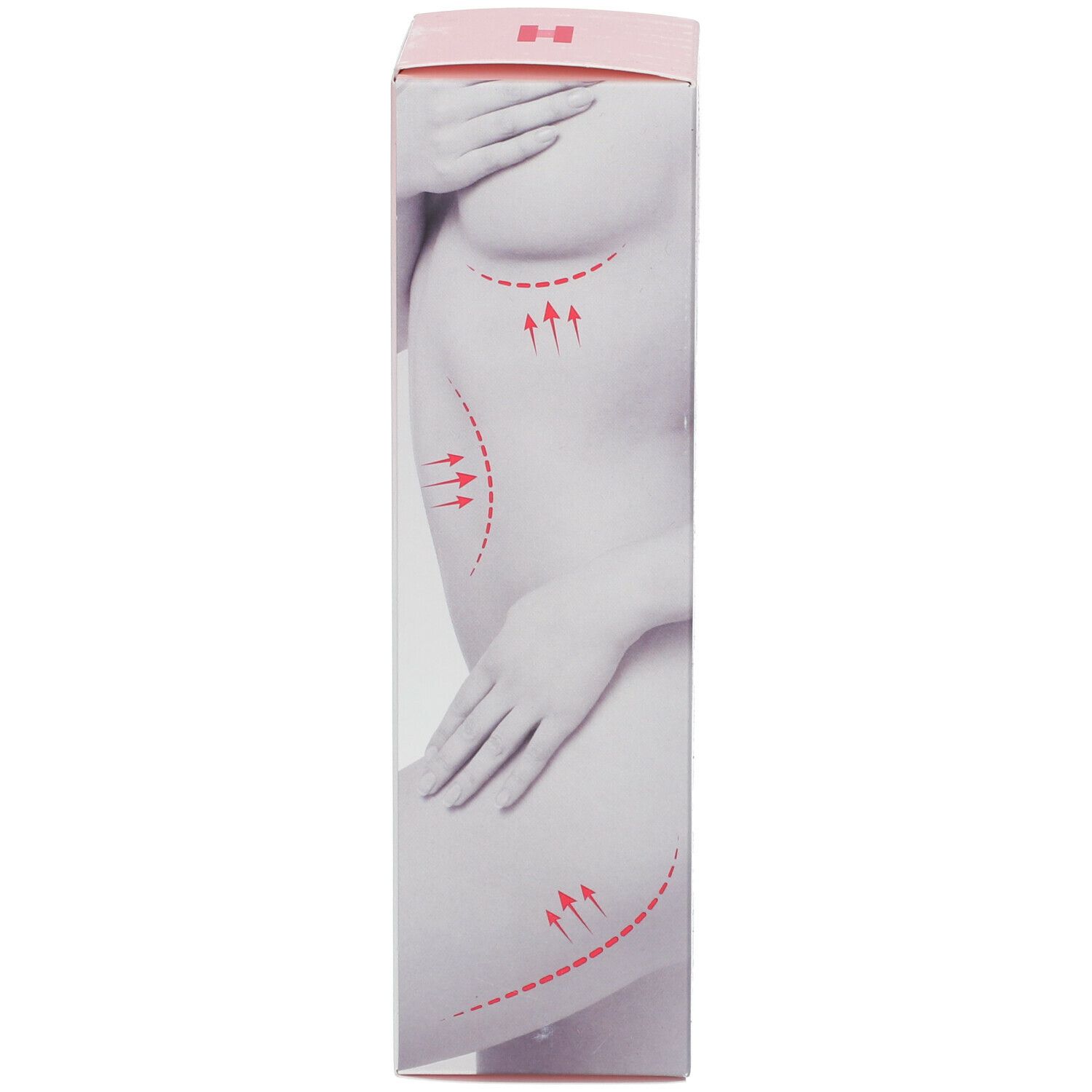Côté de la boîte du produit avec le contour d'une femme. Des flèches rouges indiquent des zones.