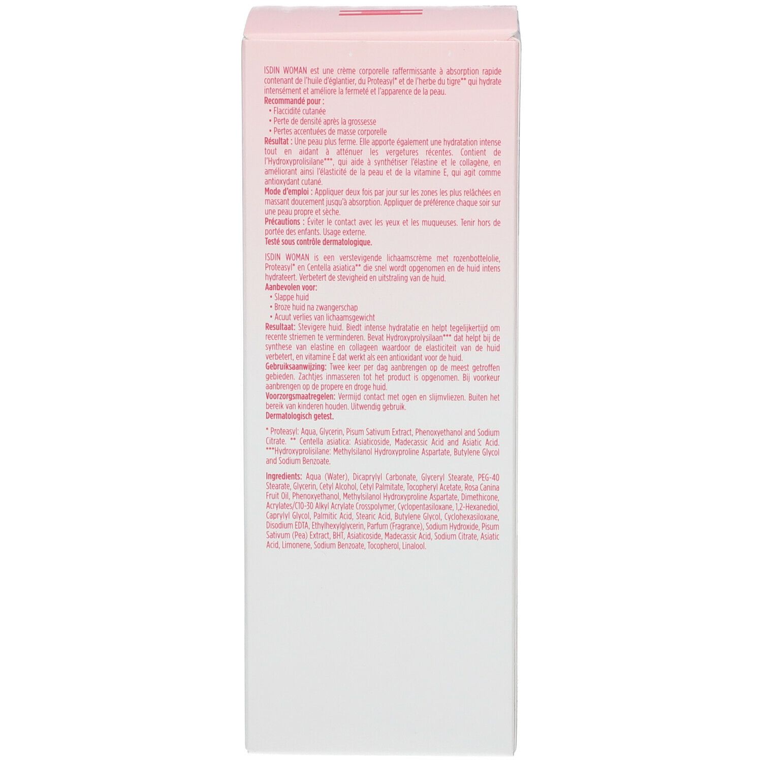 Côté de la boîte du produit avec du texte. Contient des informations sur le produit et des ingrédients.