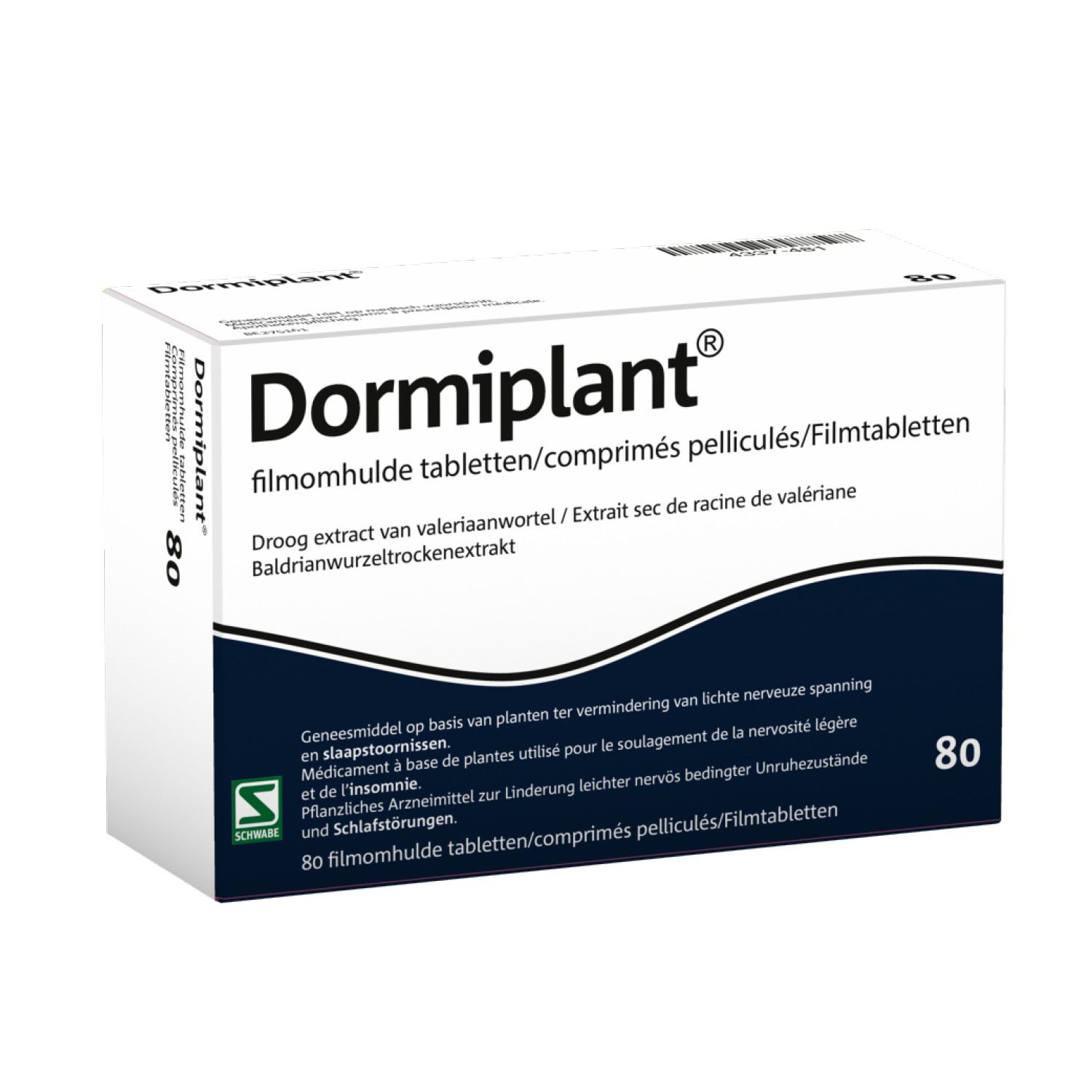 Dormiplant®-verpakking met 80 filmomhulde tabletten. Witte doos met blauwe streep en productnaam. Bevat valeriaanwortelextract.