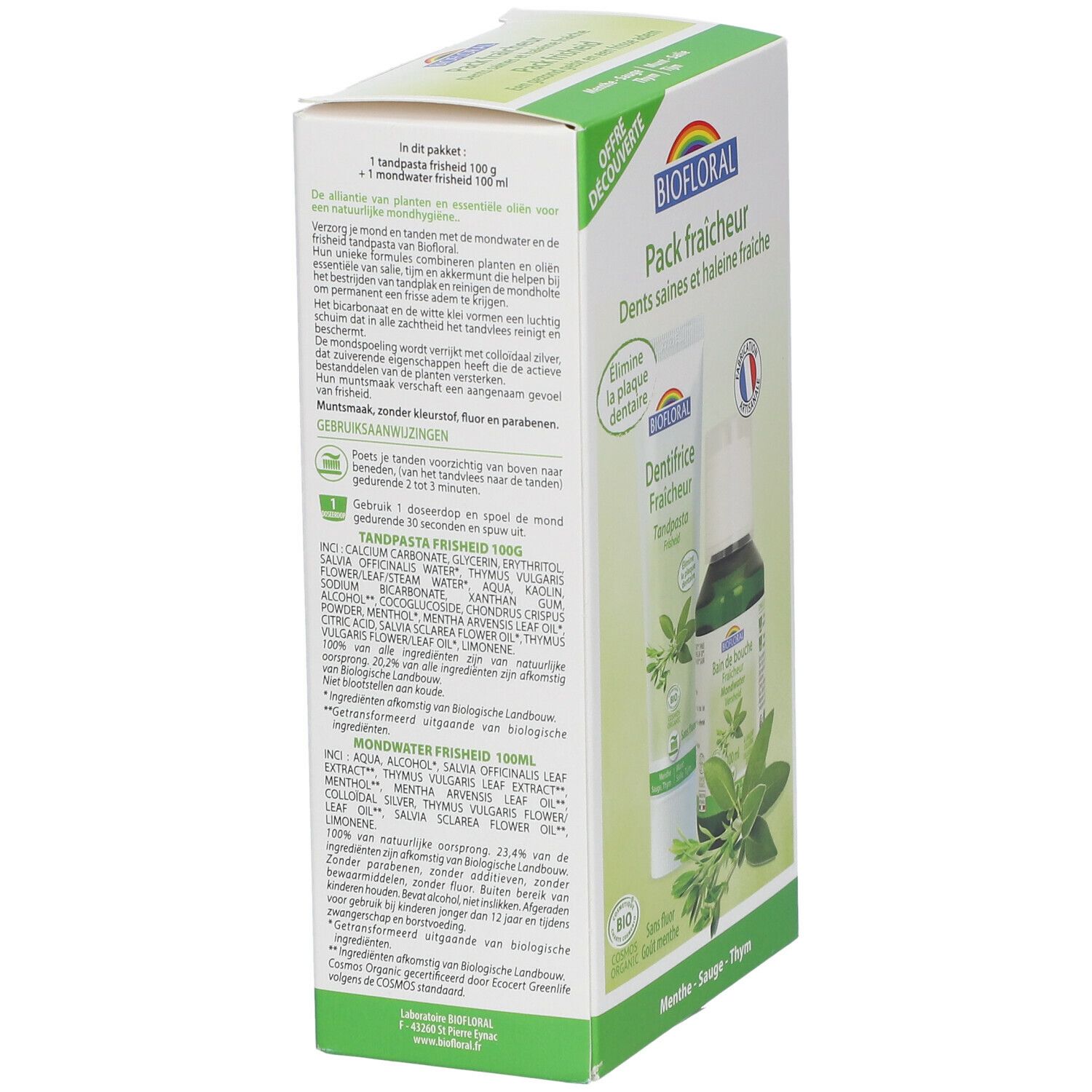 Kartonverpackung mit Zahnpasta und Mundwasser. Rückseite mit Text und Inhaltsstoffen. BIOFLORAL, Pack fraicheur, französische Flagge.