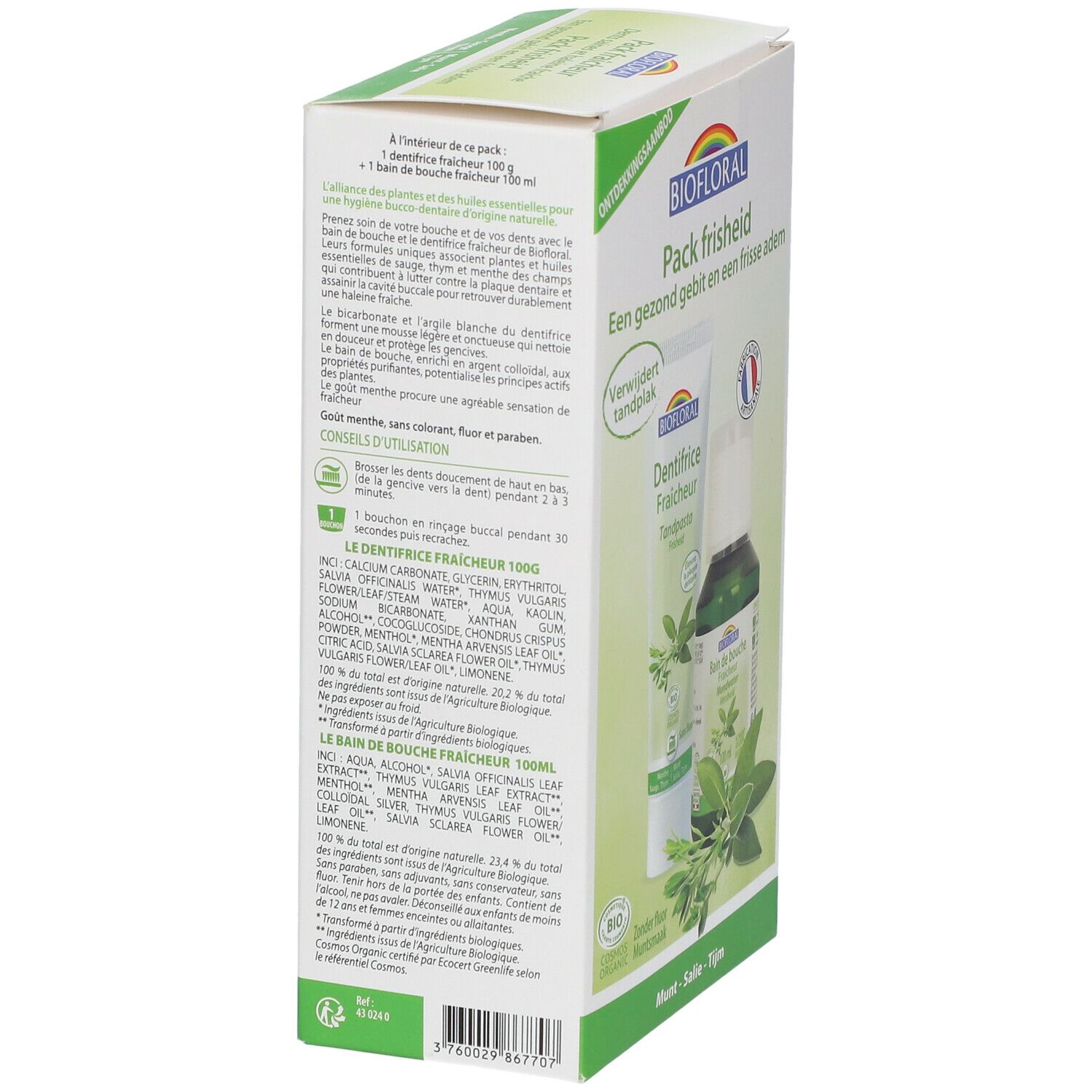 Kartonverpackung mit Zahnpasta und Mundwasser. Rückseite mit Text und Inhaltsstoffen. BIOFLORAL, Pack frisheid, französische Flagge.