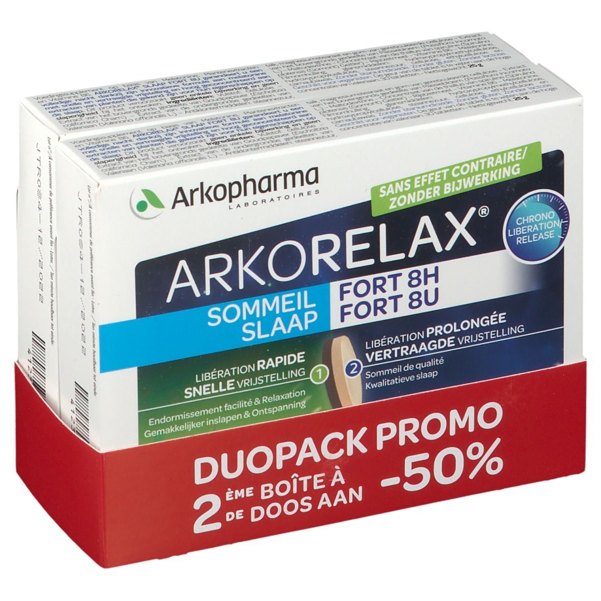 Verpakking van Arkorelax Sommeil Fort 8H DUO. Duo-Pack met 50% korting. Bevat twee dozen.
