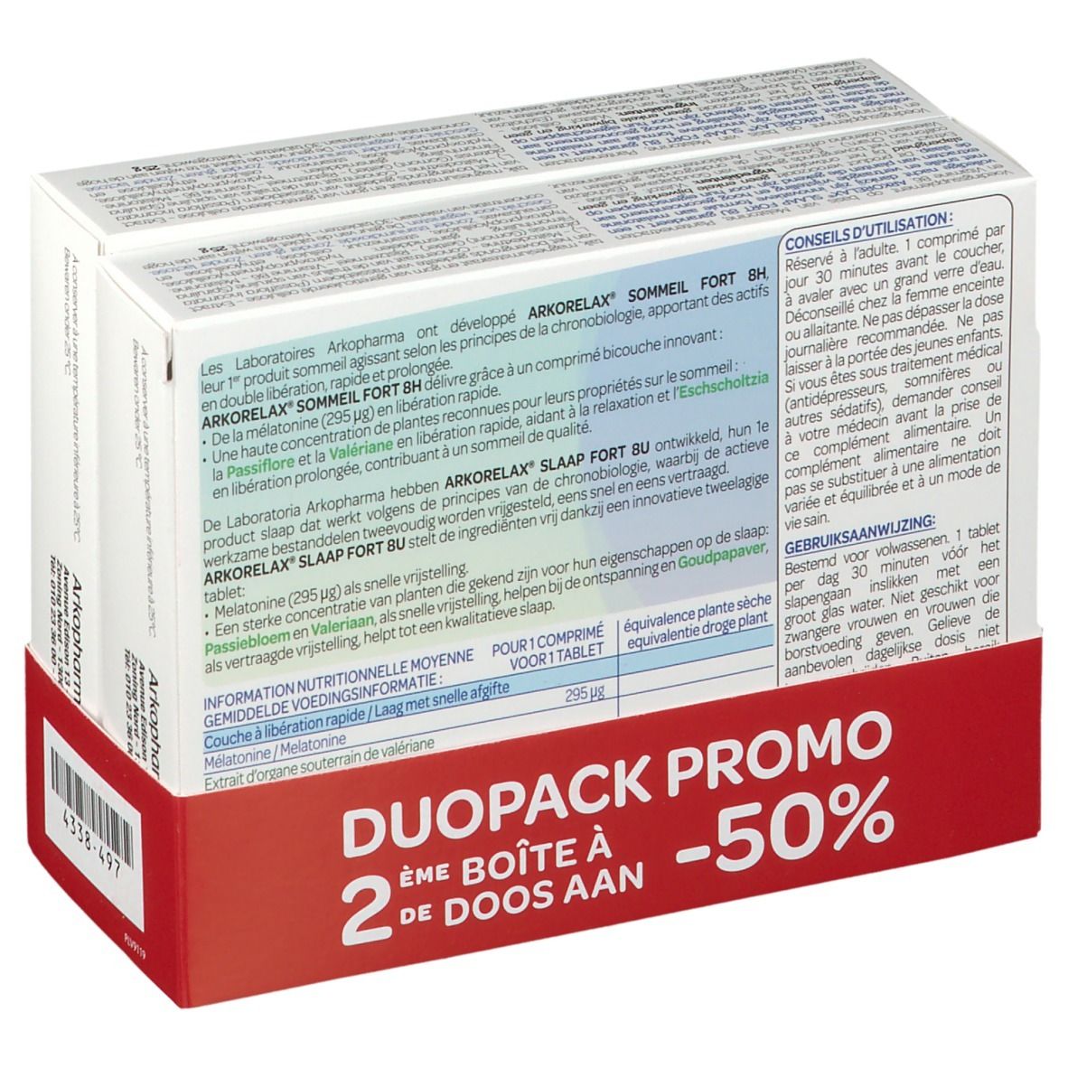 Achterkant van de Arkorelax Sommeil Fort 8H DUO verpakking. Tekst met productinfo en gebruiksaanwijzing.