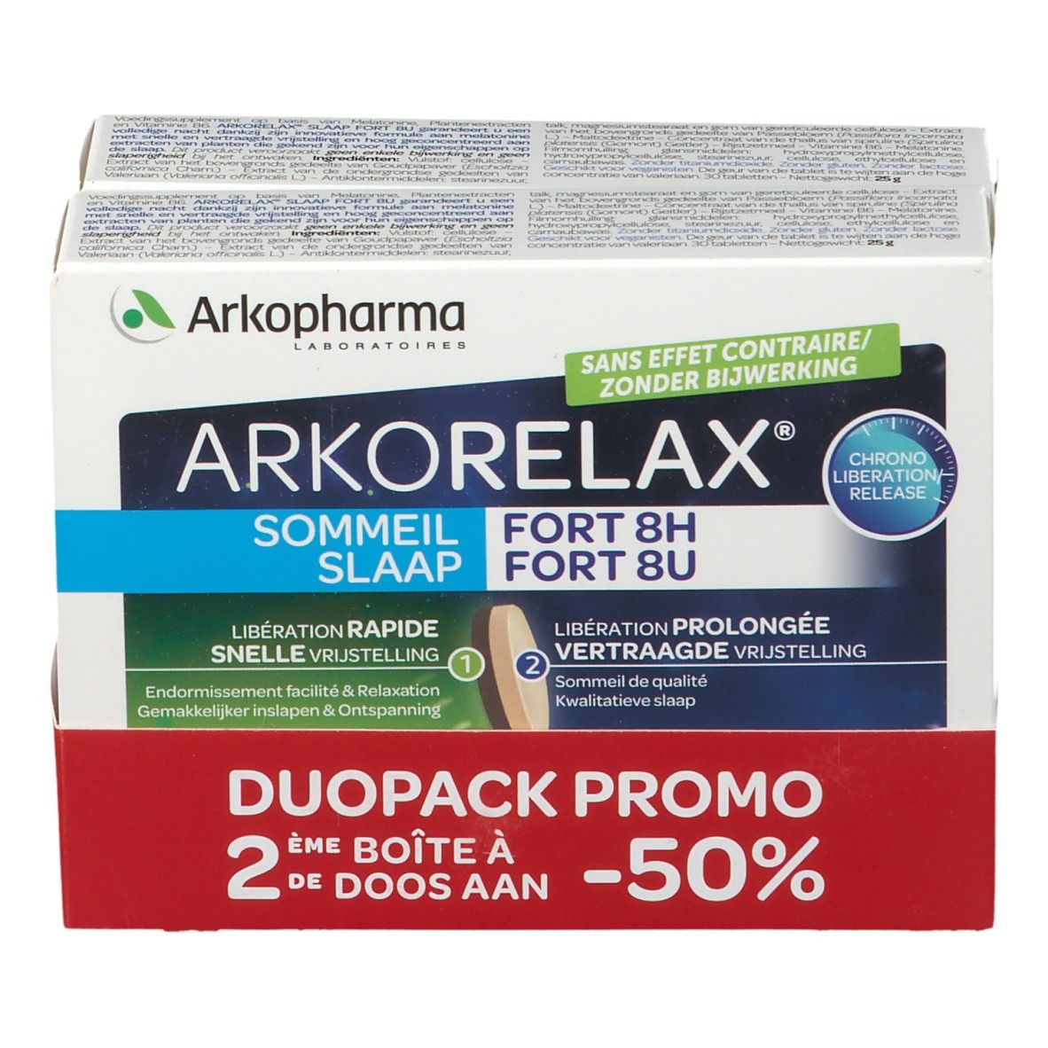 Arkorelax Sommeil Fort 8H DUO verpakking. Duo-Pack met twee dozen. Productnaam en logo duidelijk zichtbaar.