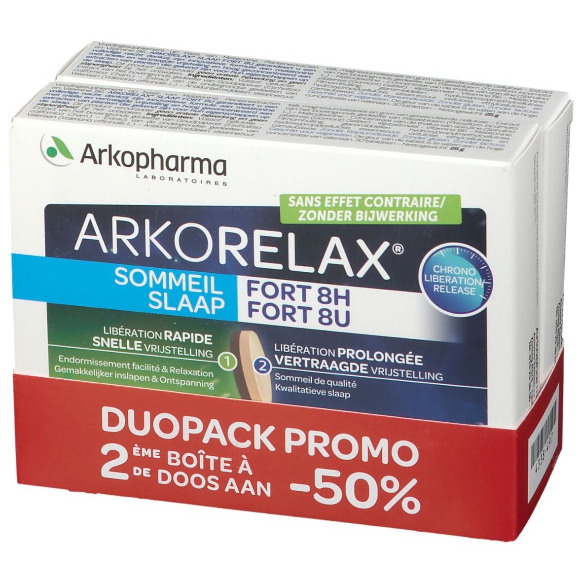 Arkorelax Sommeil Fort 8H DUO verpakking. Duo-Pack met twee dozen. Productnaam en logo duidelijk zichtbaar.