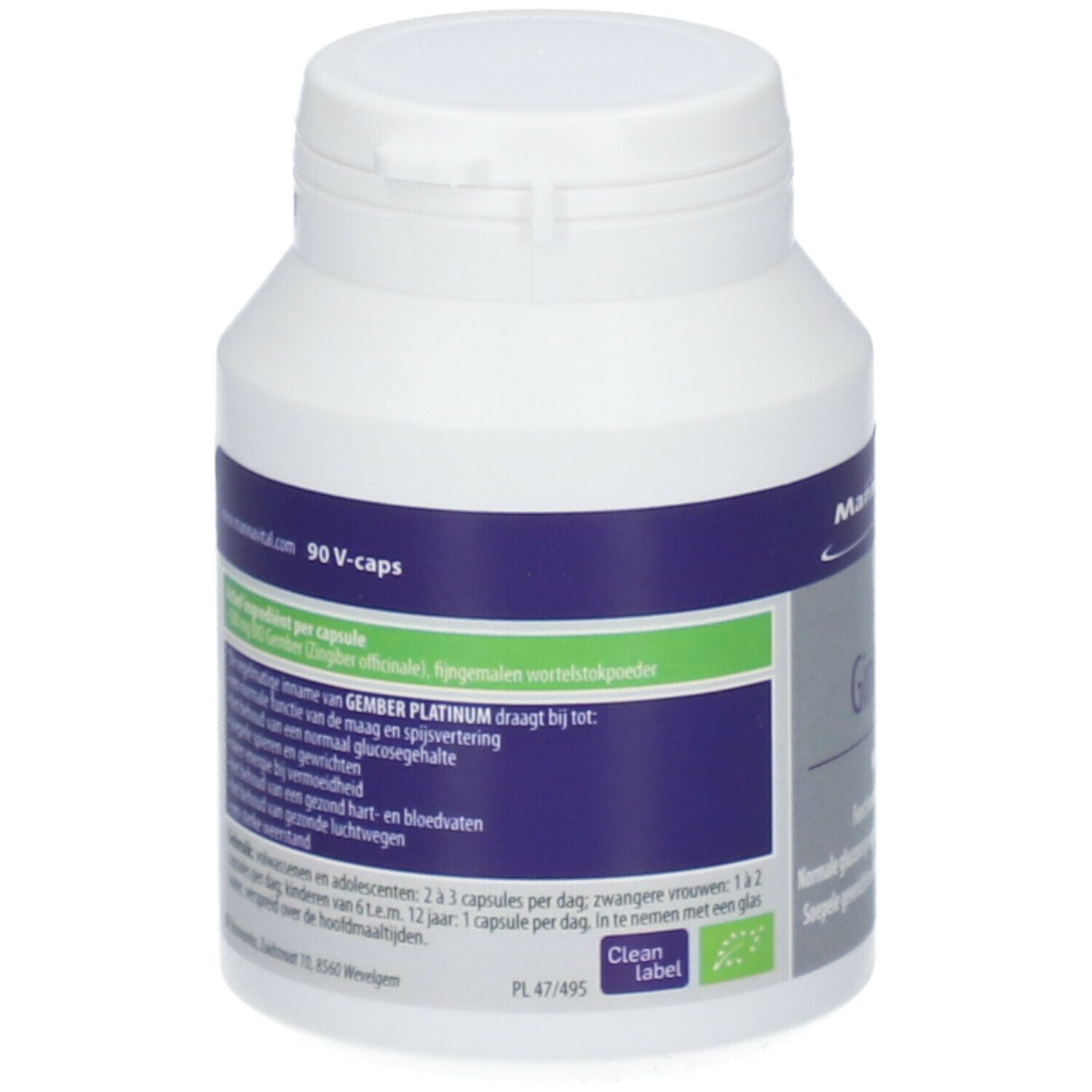 Achterkant van een witte fles met capsules. Etiket met productinformatie. Opschrift: Gember Platinum. Bio-keurmerk.
