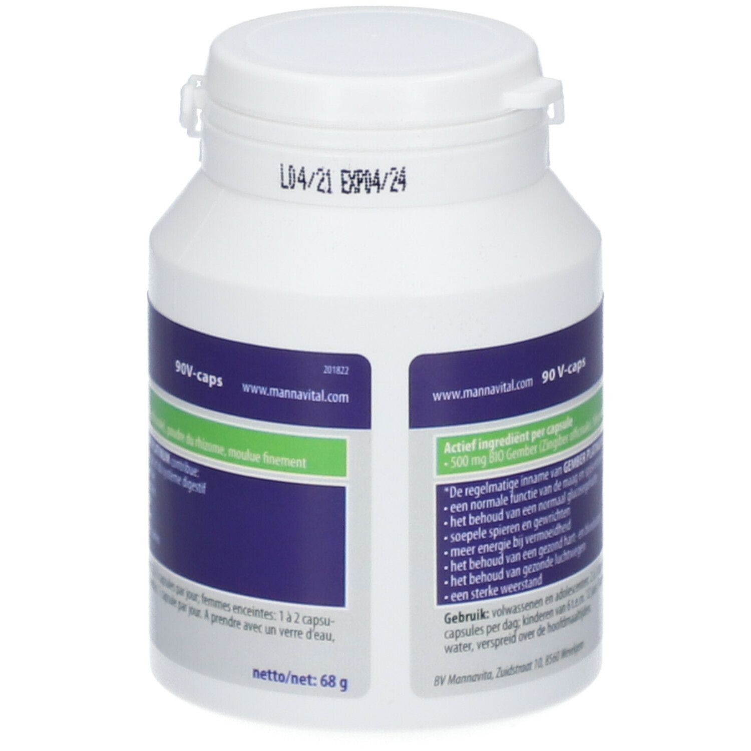 Achterkant van een witte fles met capsules. Etiket met productinformatie. Opschrift: Gember Platinum. Houdbaarheidsdatum.