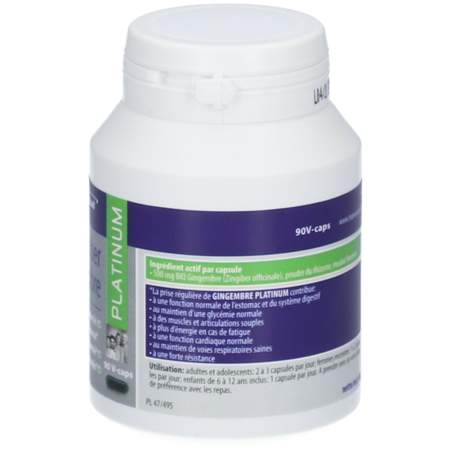 Witte fles met capsules. Etiket met productinformatie. Opschrift: Gember Platinum. Logo en tekst.