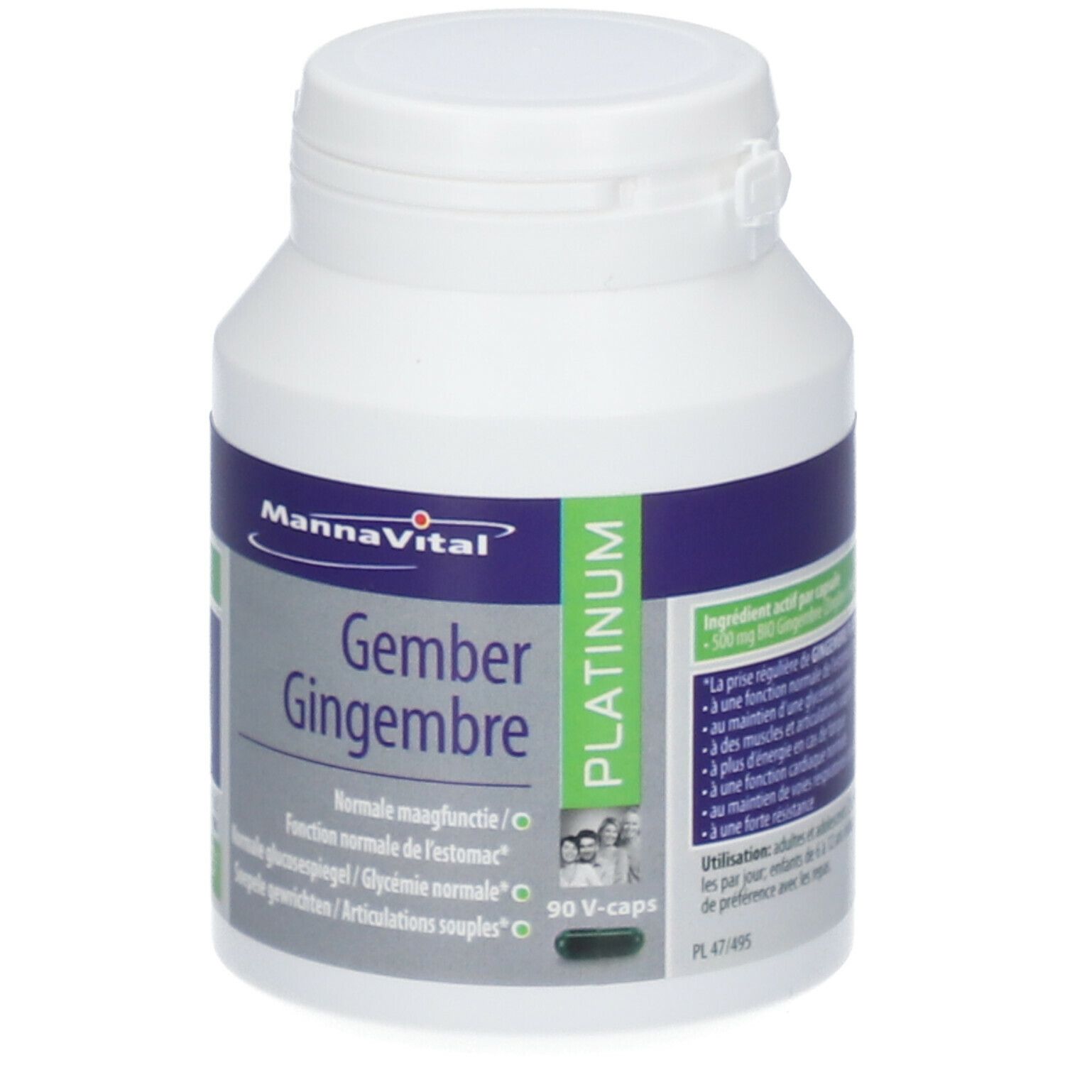 Witte fles met capsules. Opschrift: MannaVital Gember Platinum. Groen-witte etiketten met productinformatie en logo.