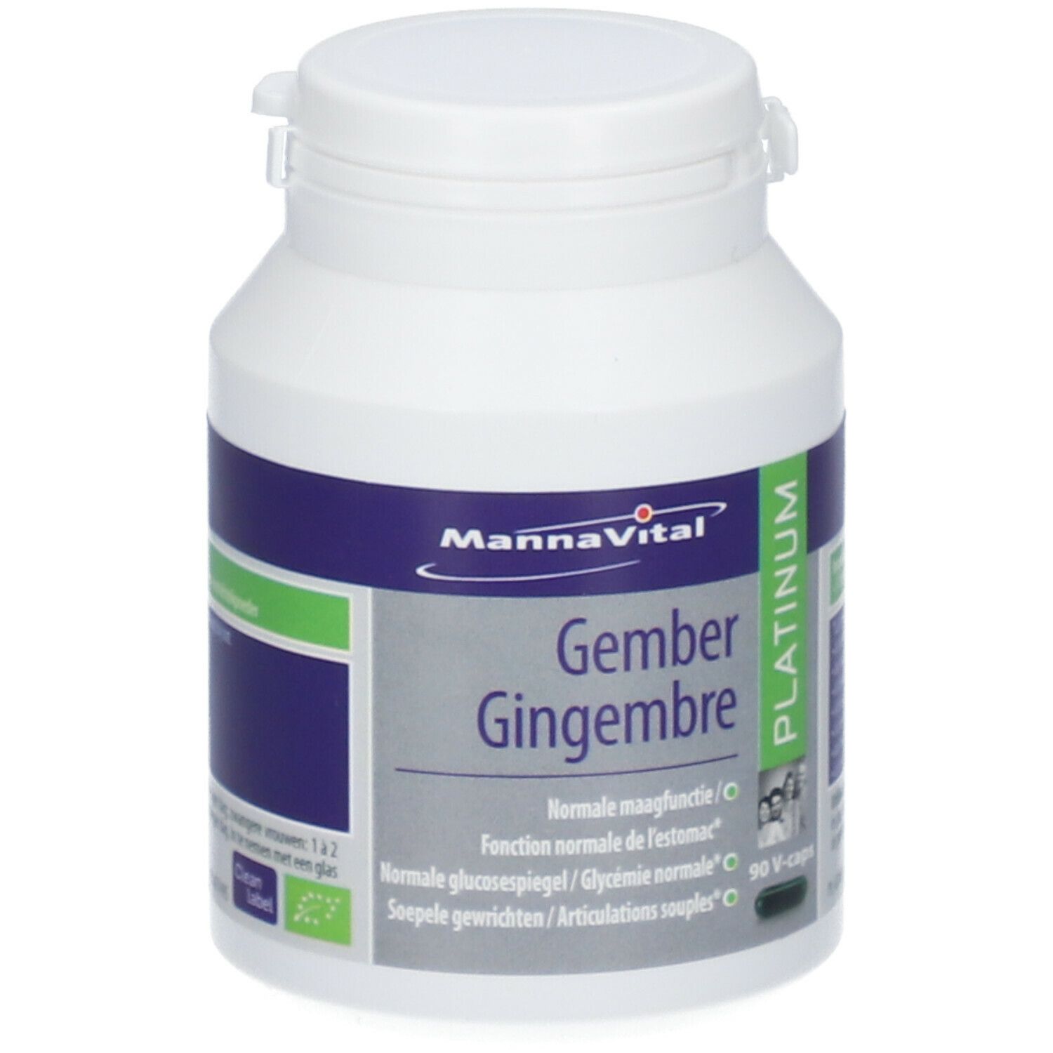 Witte fles met capsules. Opschrift: MannaVital Gember Platinum. Groen-witte etiketten met productinformatie en logo.