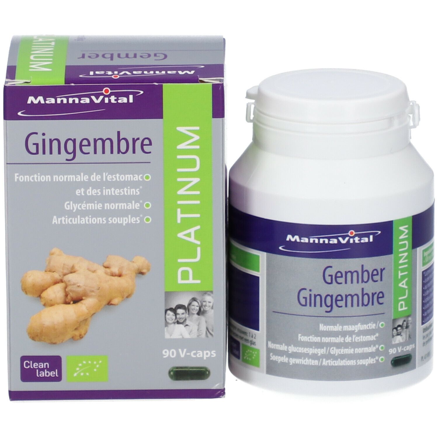 Productverpakking en fles. Opschrift: MannaVital Gember Platinum. Capsules en gemberafbeelding. Groen-witte etiketten.