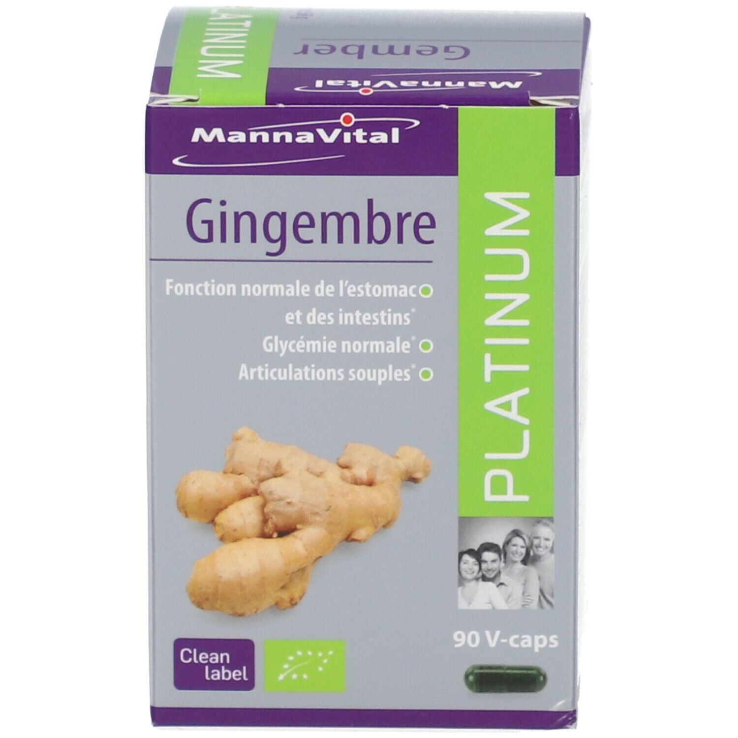 Productverpakking. Opschrift: MannaVital Gember Platinum. Capsules en gemberafbeelding. Groen-witte etiketten.