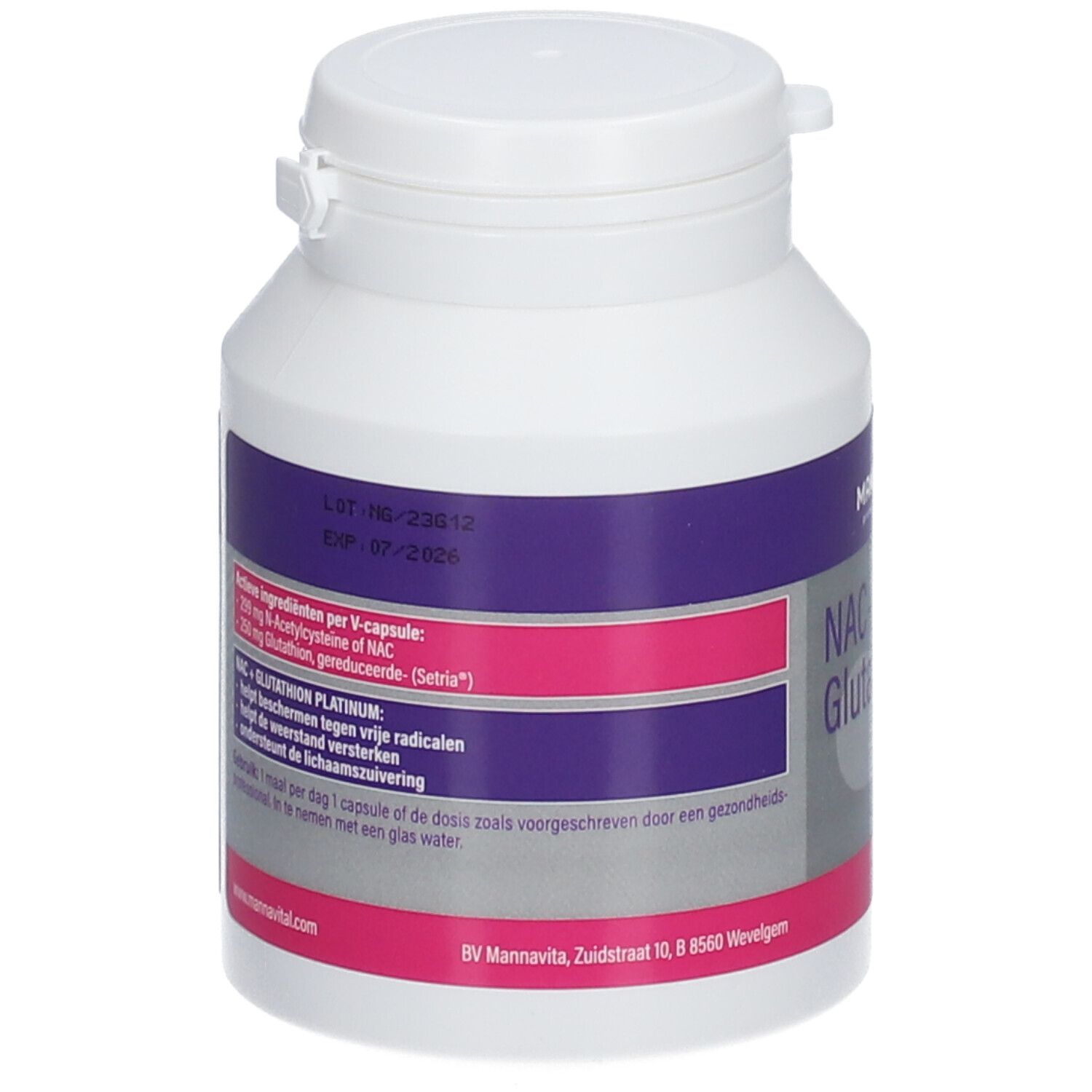 Witte fles met paars-wit etiket. Opschrift: Mannavital NAC+Glutathion. Achterkant met ingrediënten.