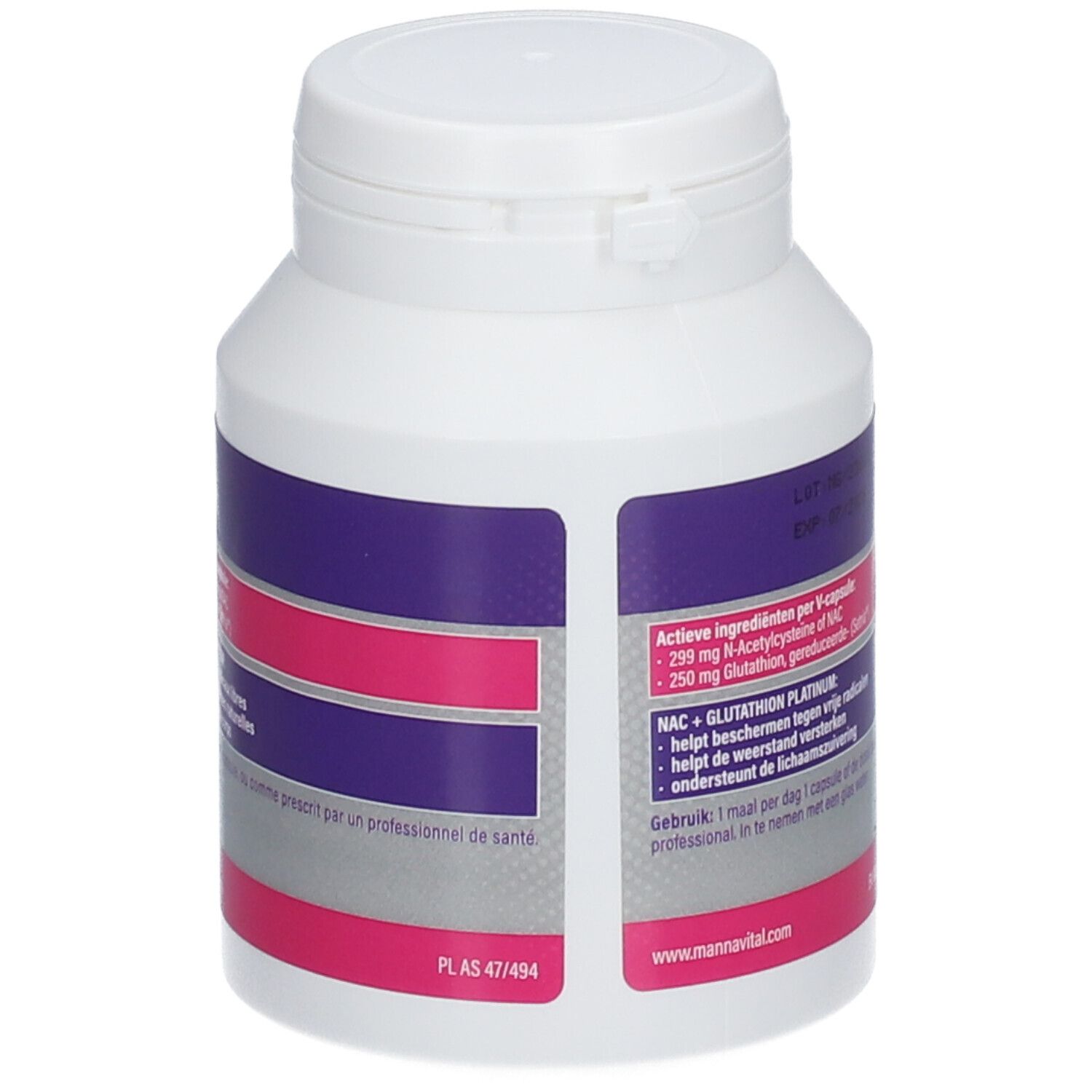 Witte fles met paars-wit etiket. Opschrift: Mannavital NAC+Glutathion. Achterkant met ingrediënten.