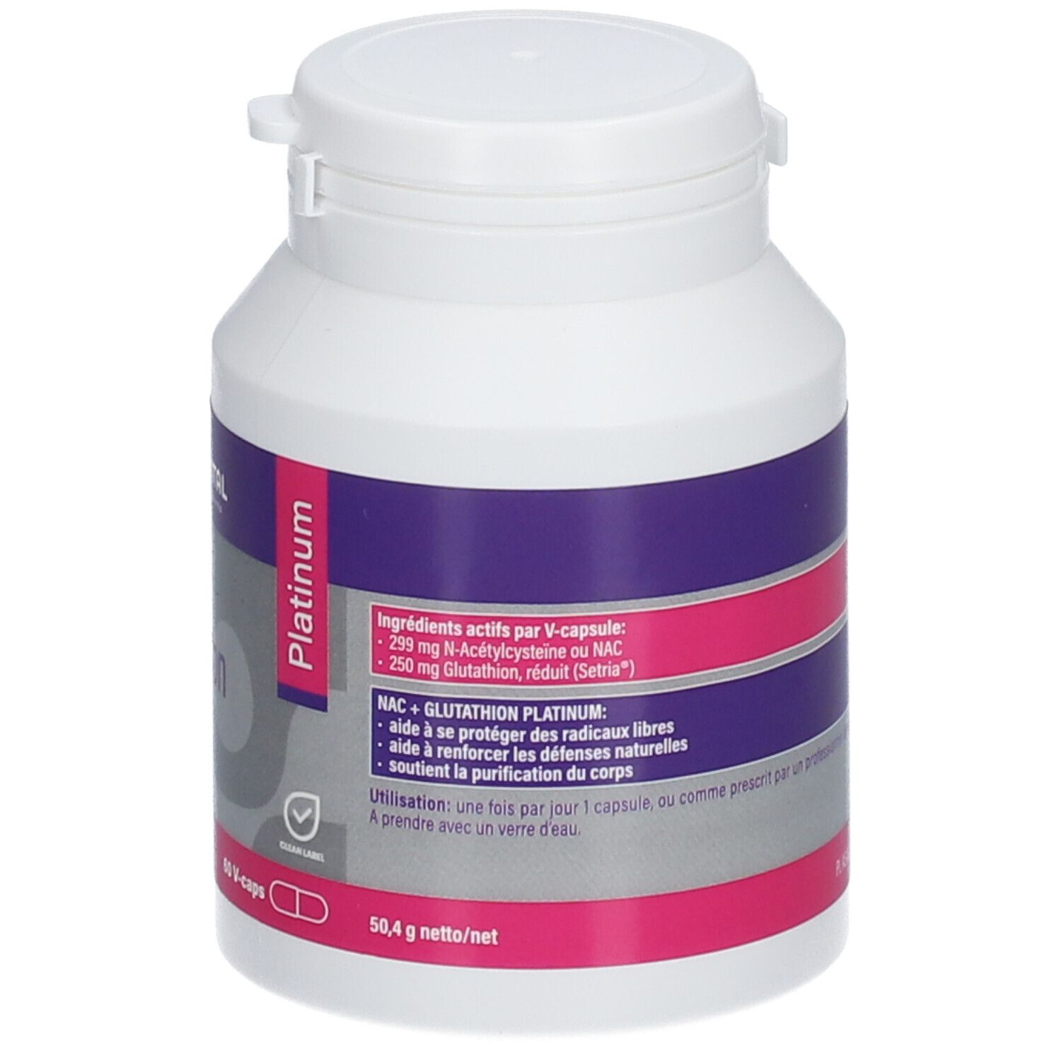 Witte fles met paars-wit etiket. Opschrift: Mannavital NAC+Glutathion. Achterkant met ingrediënten.
