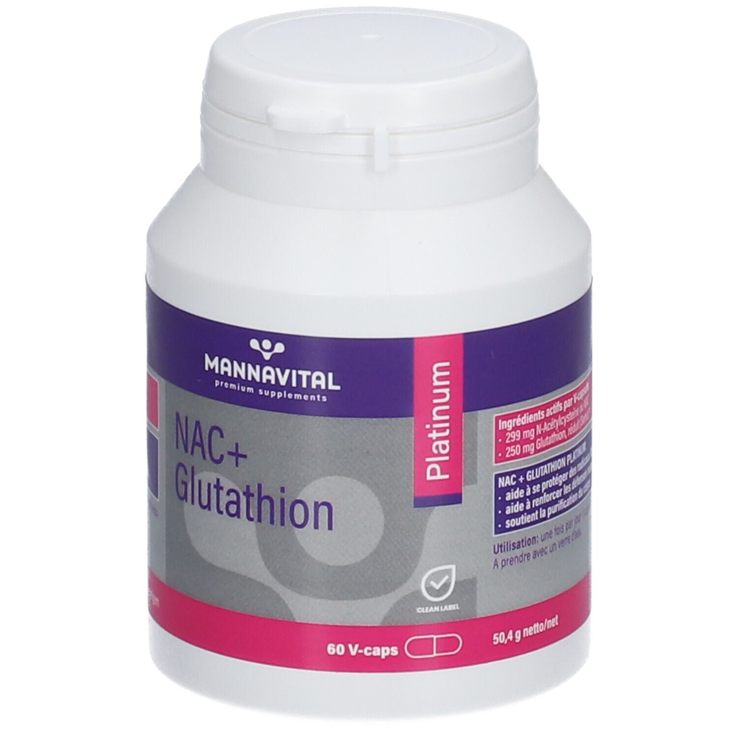 Witte fles met paars-wit etiket. Opschrift: Mannavital NAC+Glutathion. 60 V-caps. Platinum.