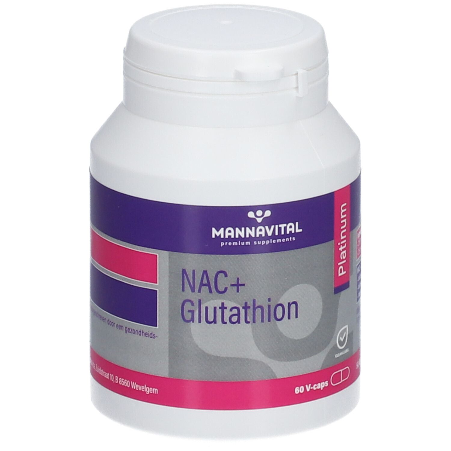 Witte fles met paars-wit etiket. Opschrift: Mannavital NAC+Glutathion. 60 V-caps.