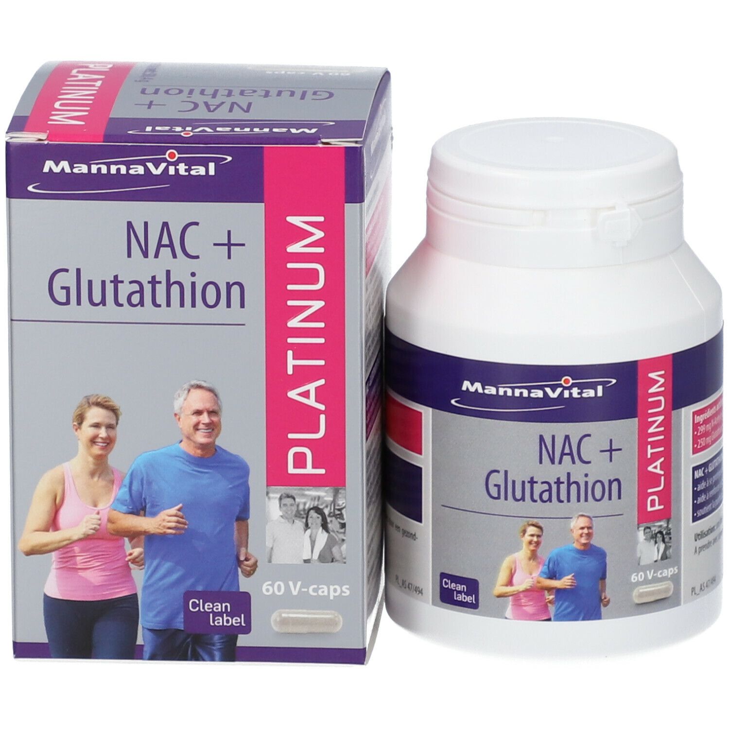 Productverpakking met fles en doos. Opschrift: Mannavital NAC+Glutathion. 60 V-caps. Platinum. Afbeelding van personen.