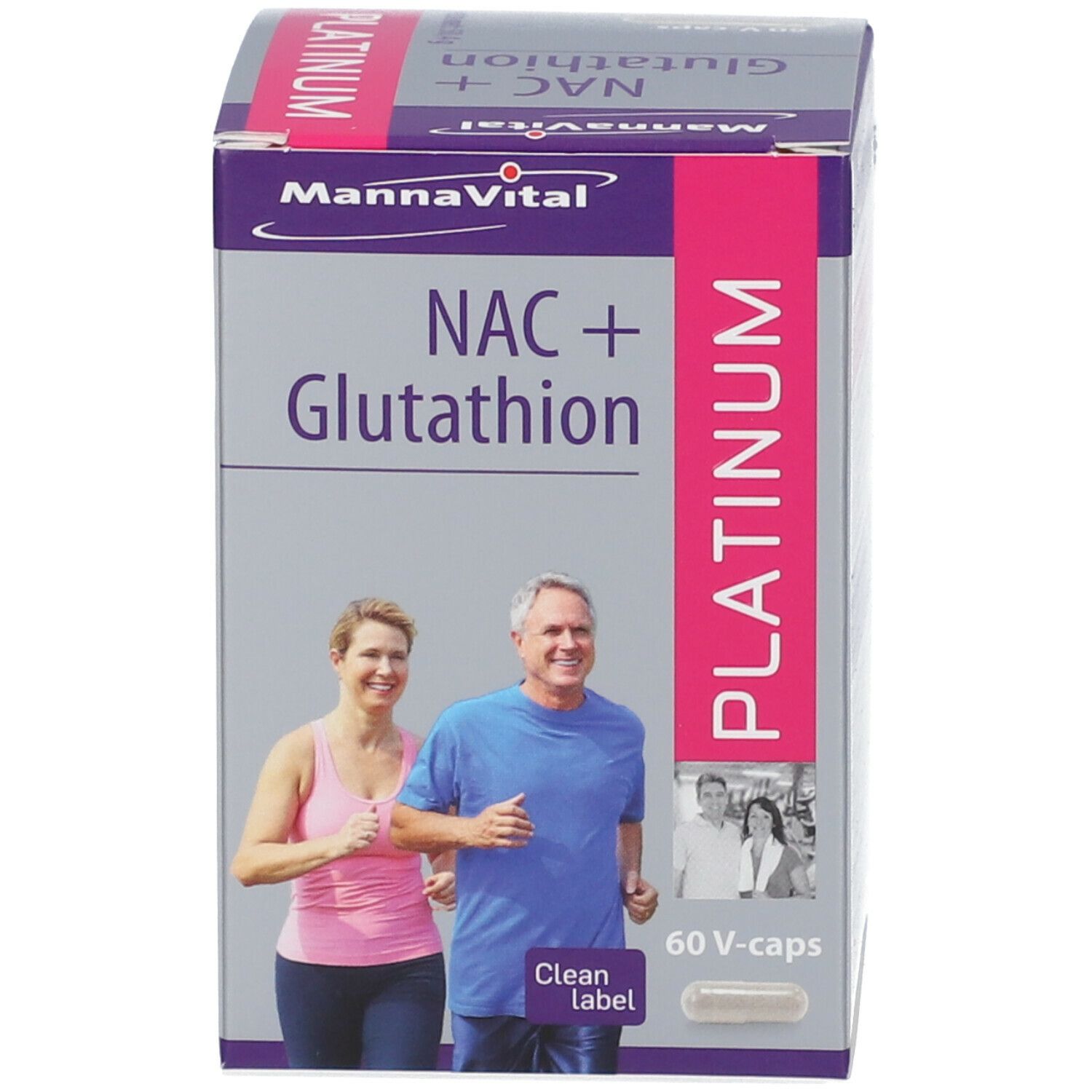 Productverpakking. Opschrift: Mannavital NAC+Glutathion. 60 V-caps. Platinum. Afbeelding van personen.