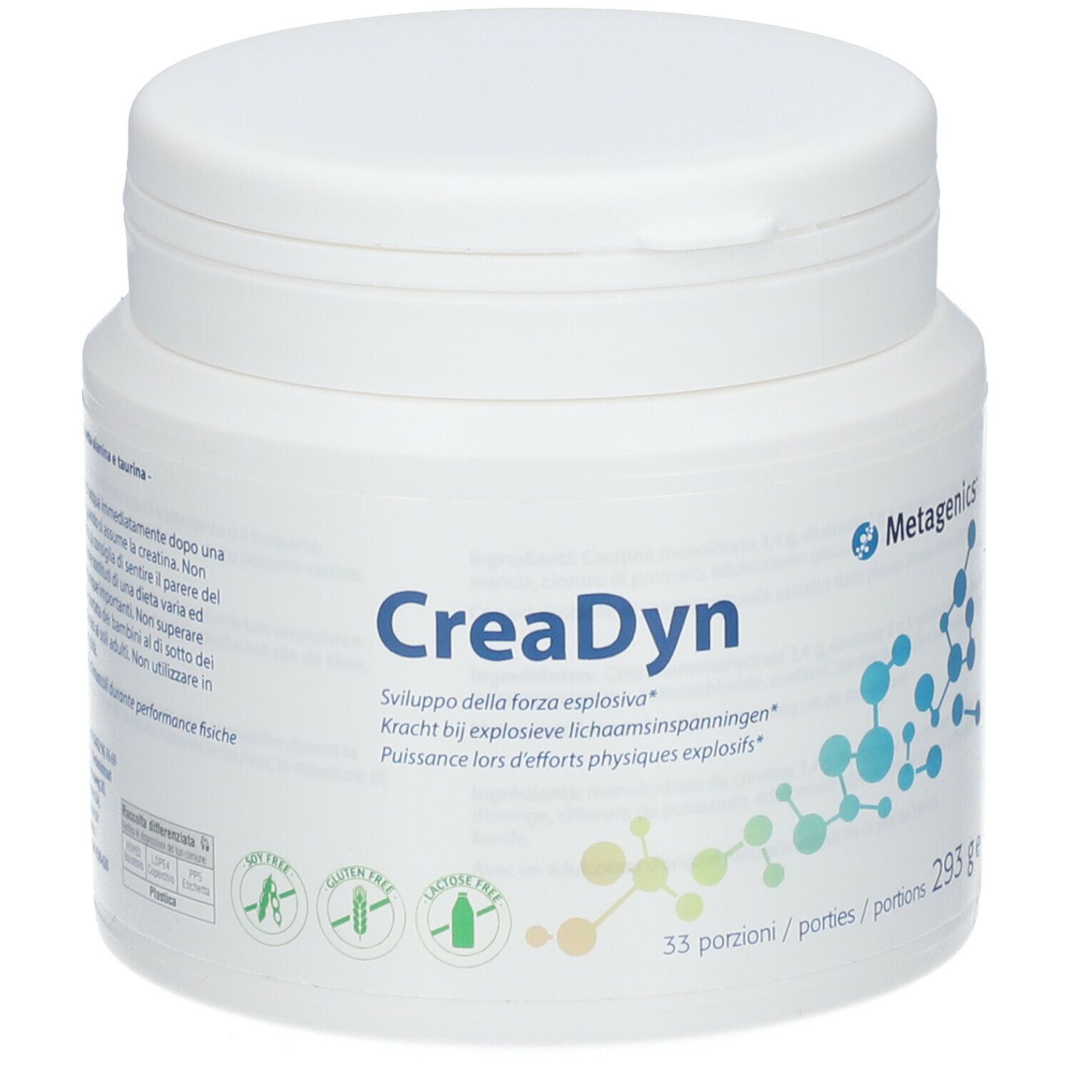 Witte CreaDyn-pot. Opschrift: CreaDyn, Metagenics. 33 porties, 293g. Glutenvrij, lactosevrij, zonder suiker.
