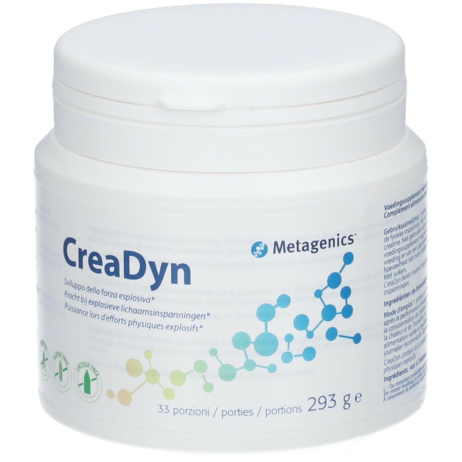 Witte CreaDyn-pot. Opschrift: CreaDyn, Metagenics. 33 porties, 293g. Glutenvrij, lactosevrij, zonder suiker.