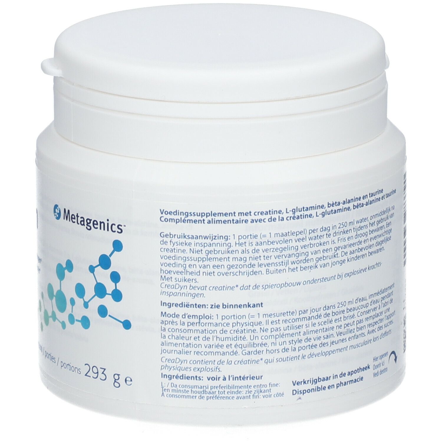 Achterkant van de witte CreaDyn-pot. Tekst: ingrediënten, gebruiksaanwijzing. Metagenics-logo. 293g.