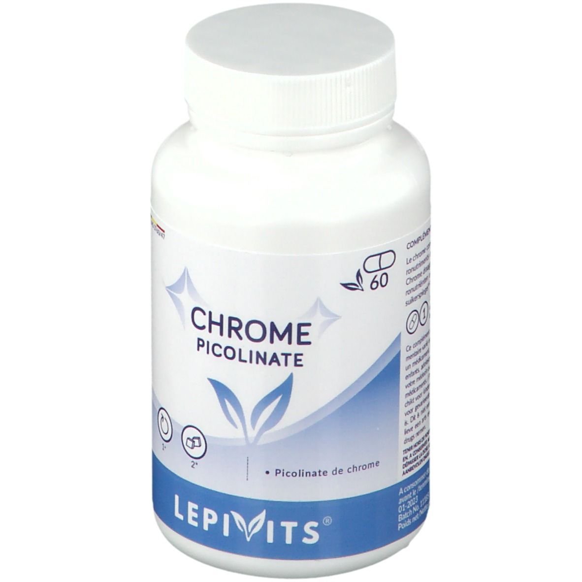 Flacon blanc avec capsules. Inscription: CHROME PICOLINATE, LEPIVITS®. Contient 60 capsules. Avec label de qualité allemand.