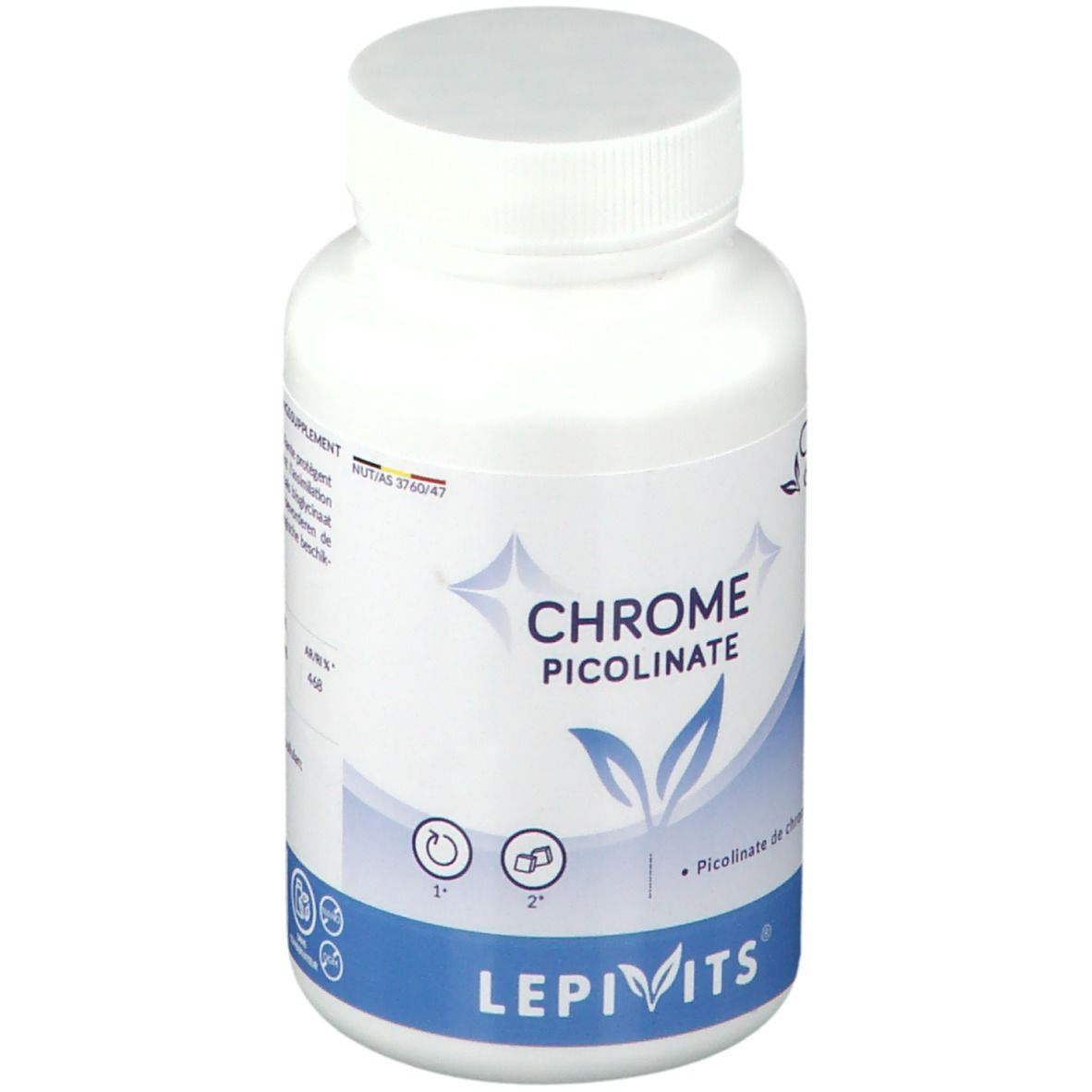 Flacon blanc avec capsules. Inscription: CHROME PICOLINATE, LEPIVITS®. Contient 60 capsules. Avec label de qualité allemand.