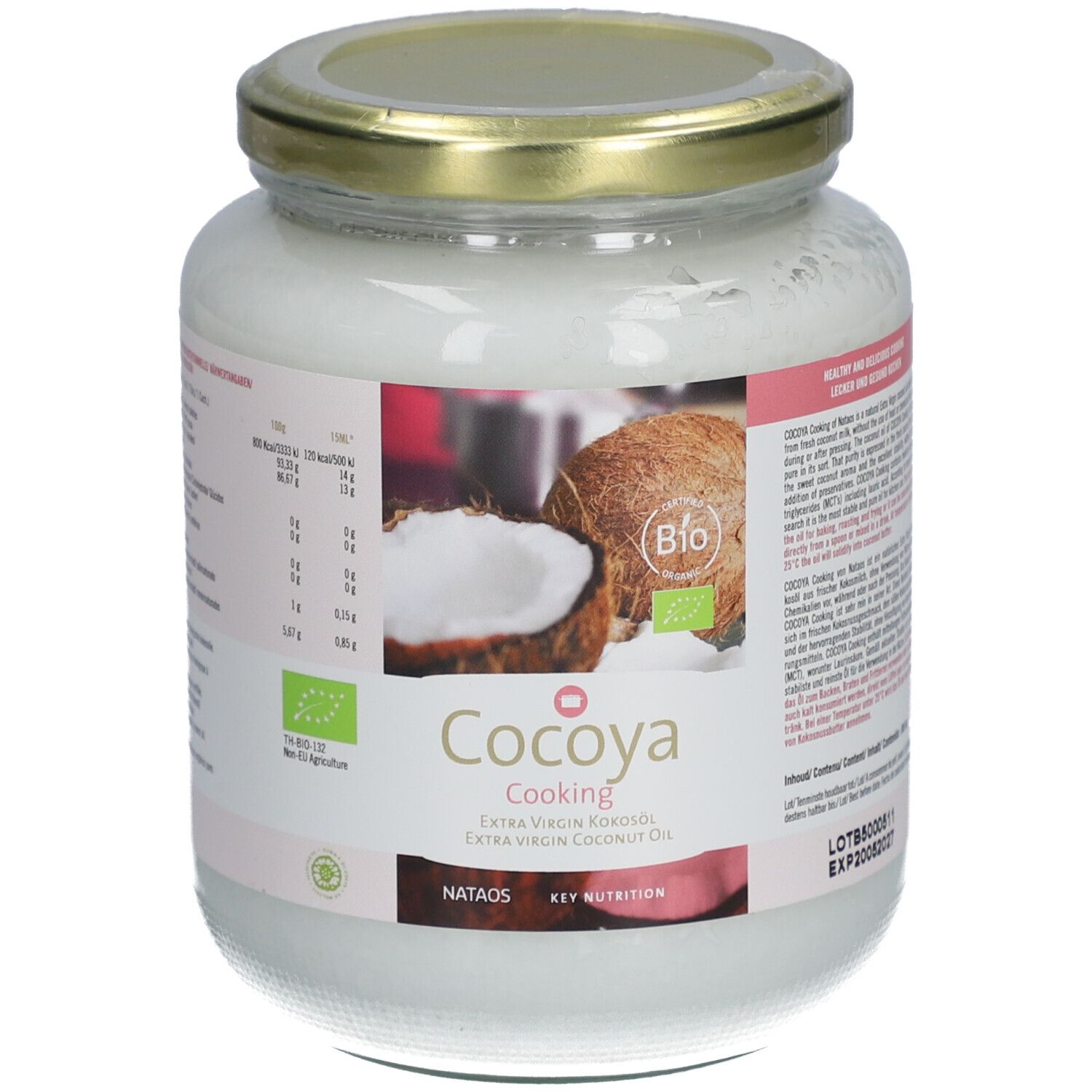Glas mit Cocoya Cooking Extra Virgin Kokosöl. Aufkleber mit Nährwertangaben, Bio-Siegel und Kokosnuss-Illustration.
