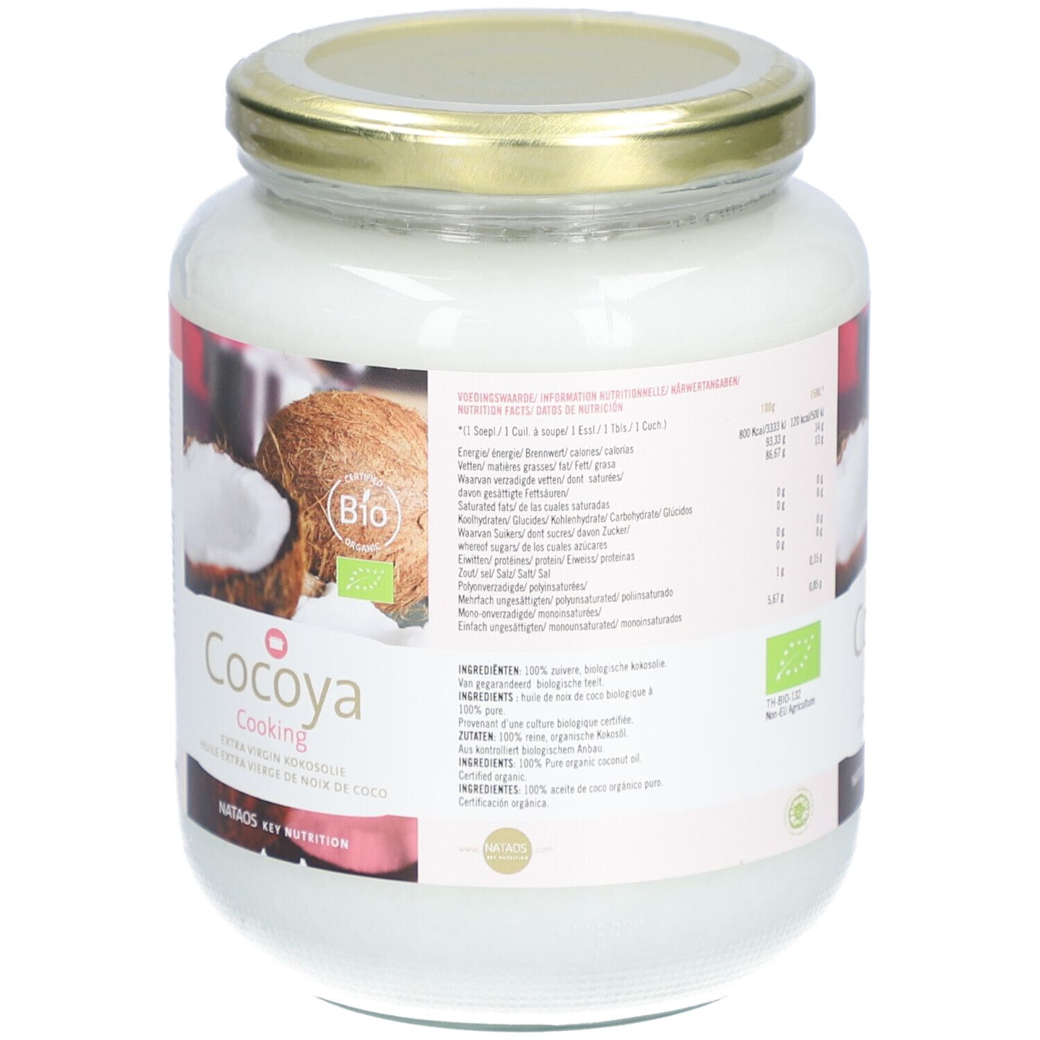 Glas mit Cocoya Cooking Extra Virgin Kokosöl. Etikett mit Nährwertangaben, Bio-Siegel und Kokosnuss-Illustration.
