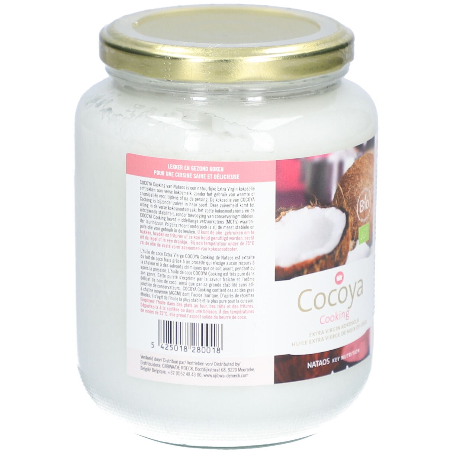 Glas mit Cocoya Cooking Extra Virgin Kokosöl. Rückseite mit Text, Barcode und Bio-Siegel. Kokosnuss-Illustration.